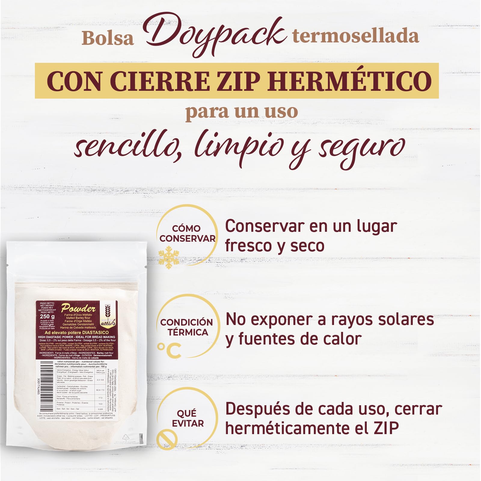 Malto Attivo Powder 250g Harina de Malta de Cebada Elevado Poder Diastásico Malta Diastásica Panificación