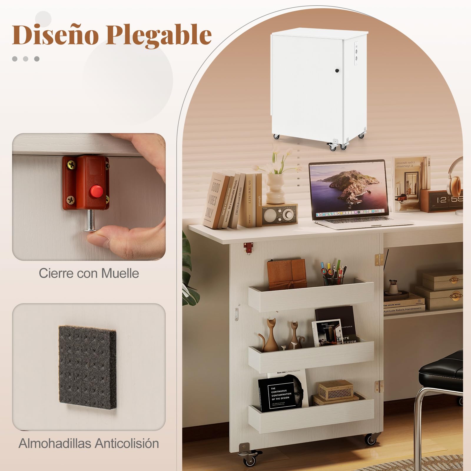 COSTWAY Mesa de Costura Plegable con Estación de Carga, con Estantes y Contenedores, Gabinete de Almacenamiento Rodante Multifuncional con Ruedas Bloqueables para Hogar, Dormitorio (Blanco)
