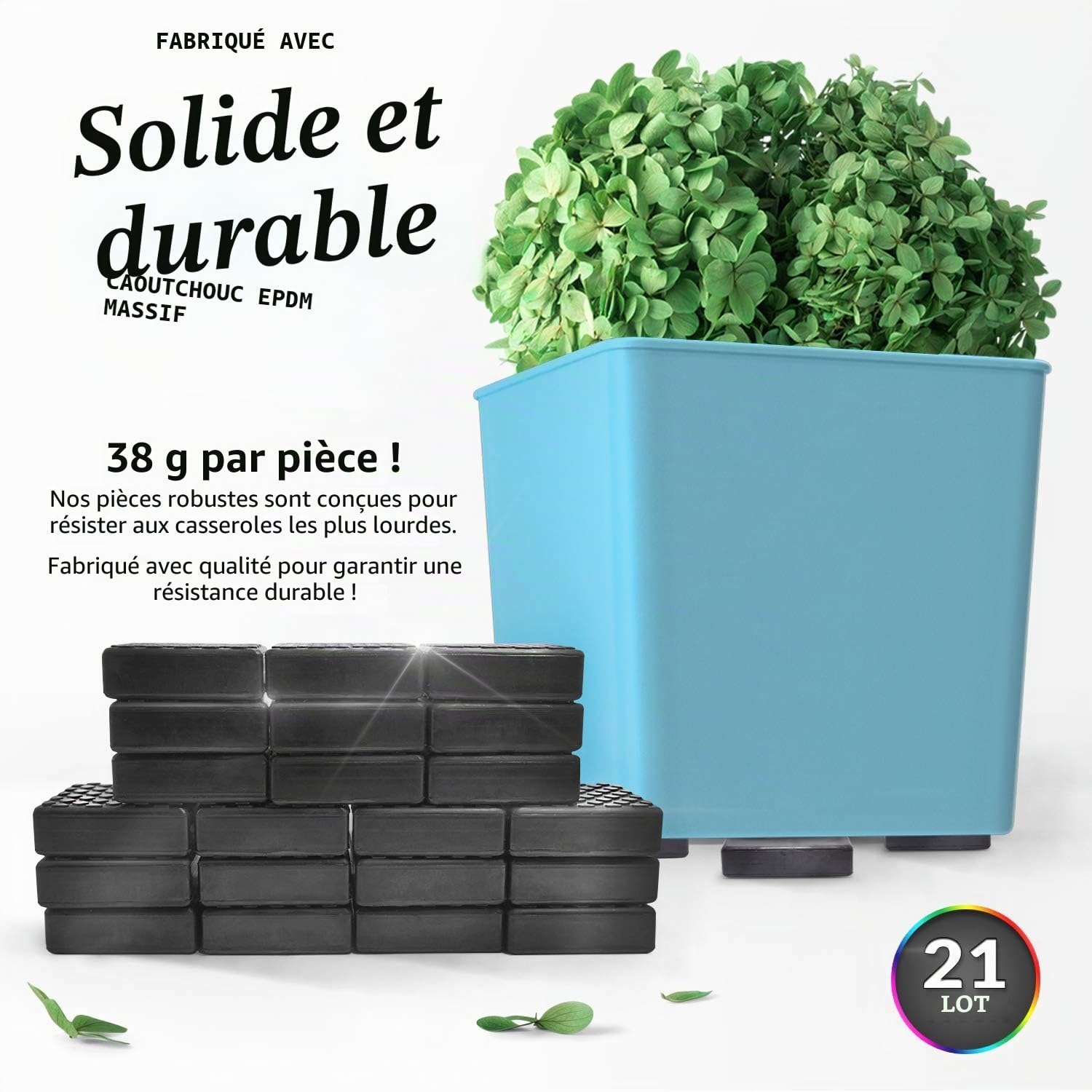 Pieds de Pot Invisibles Garden Gecko pour Pots de Fleurs et Pots d'extérieur, rehausseurs carrés antidérapants en Caoutchouc | 21 Pieds de Pot + 21 Patins adhésifs