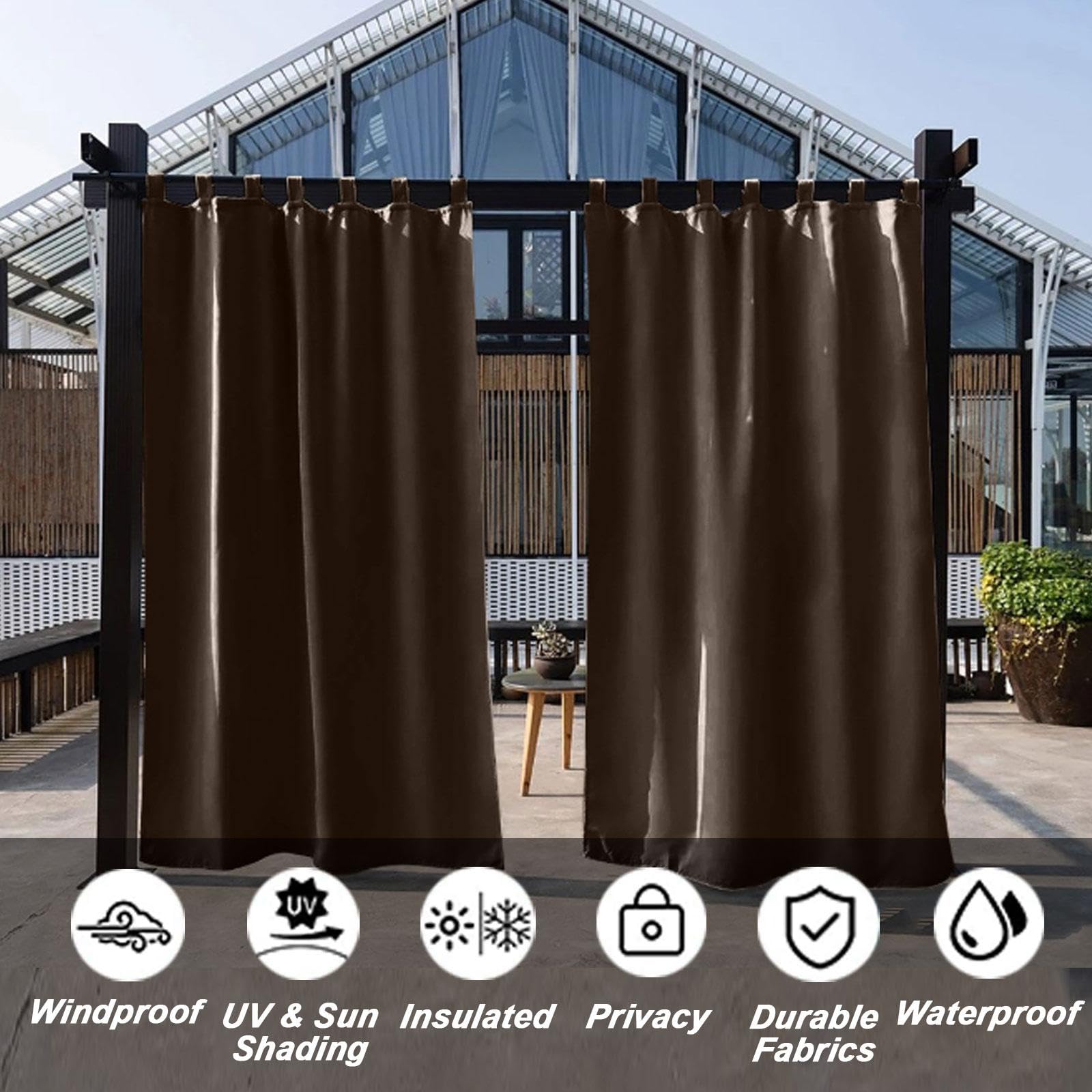 Wasserdichte Verdunkelungsvorhänge für die Terrasse, 2 Paneele, braun, Sonnenlichtblockierende Vorhänge für Privatsphäre im Innen- und Außenbereich, perfekt für Pavillons, Peras und Vordächer, 106,7 x