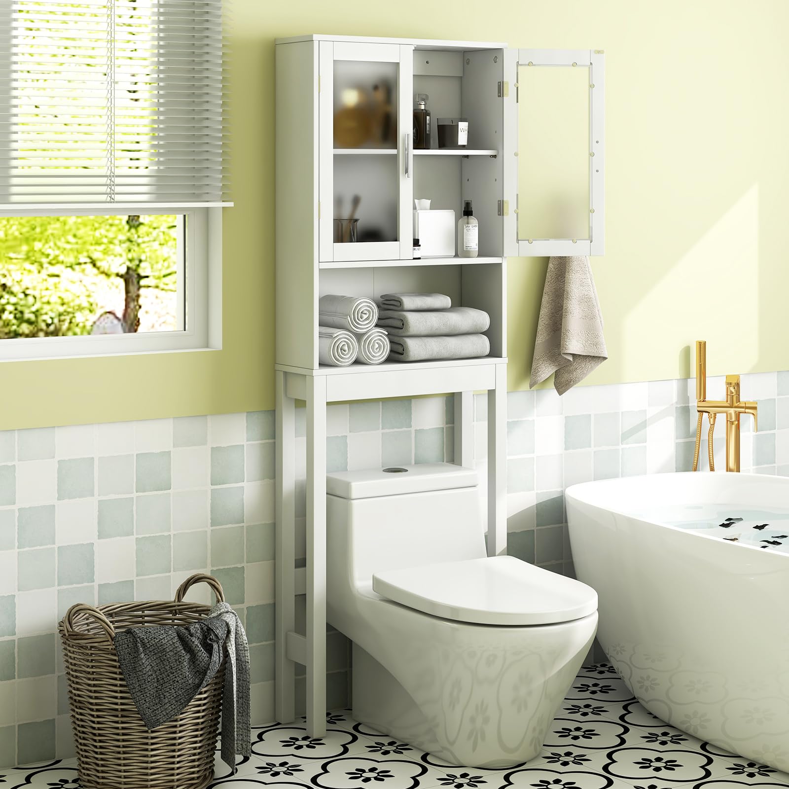 GOPLUS Armario de Almacenamiento sobre el Inodoro, Organizador de Baño con Puerta de Vidrio Templado Doble, Estante Ajustable, Estante Abierto, 170 cm