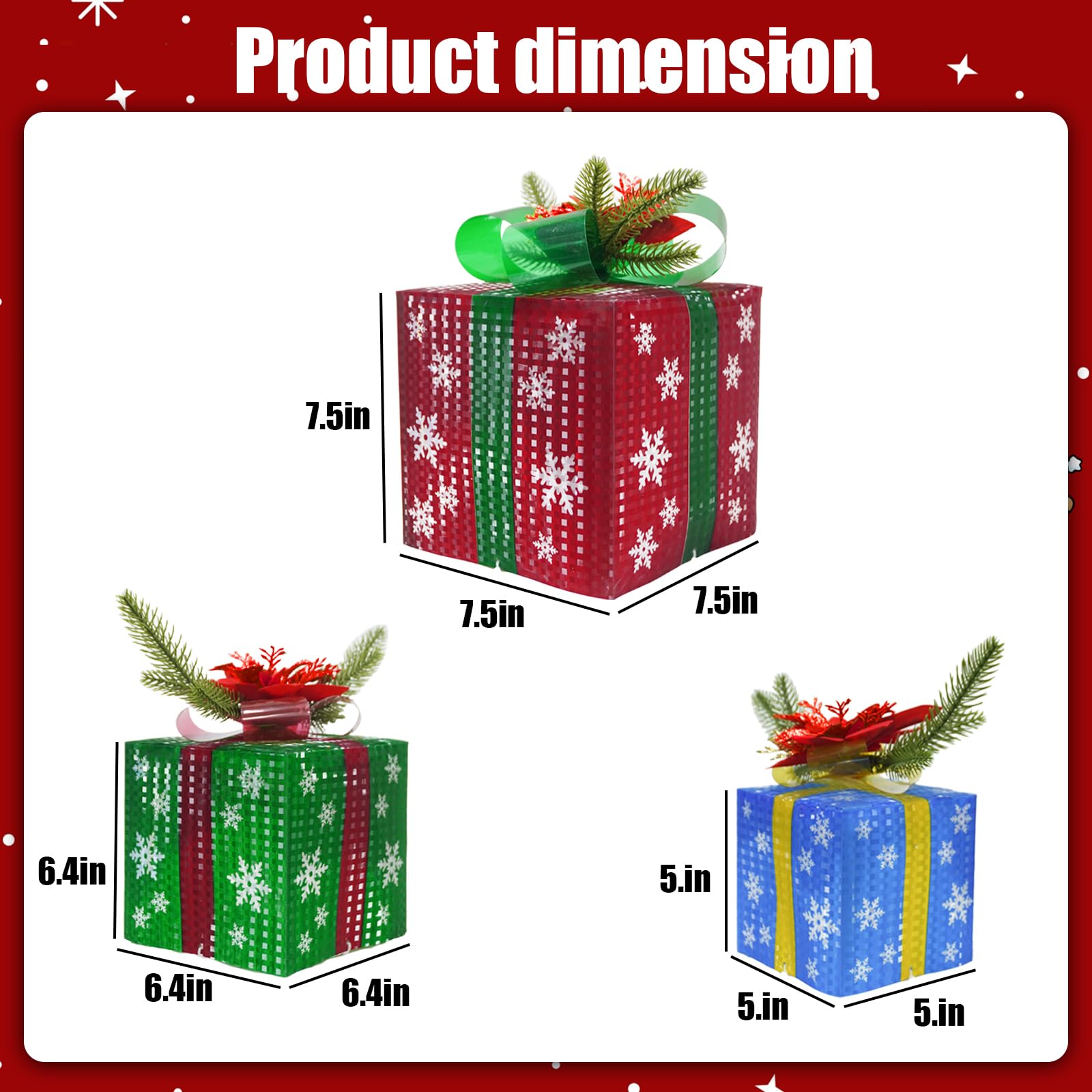 Dehoxara 3 Pcs Christmas Lighted Gift Boxes with Bow 60 LED Battery Operated Pre-lit Present Box Decorations for Xmas Holiday Home Outdoor Yard