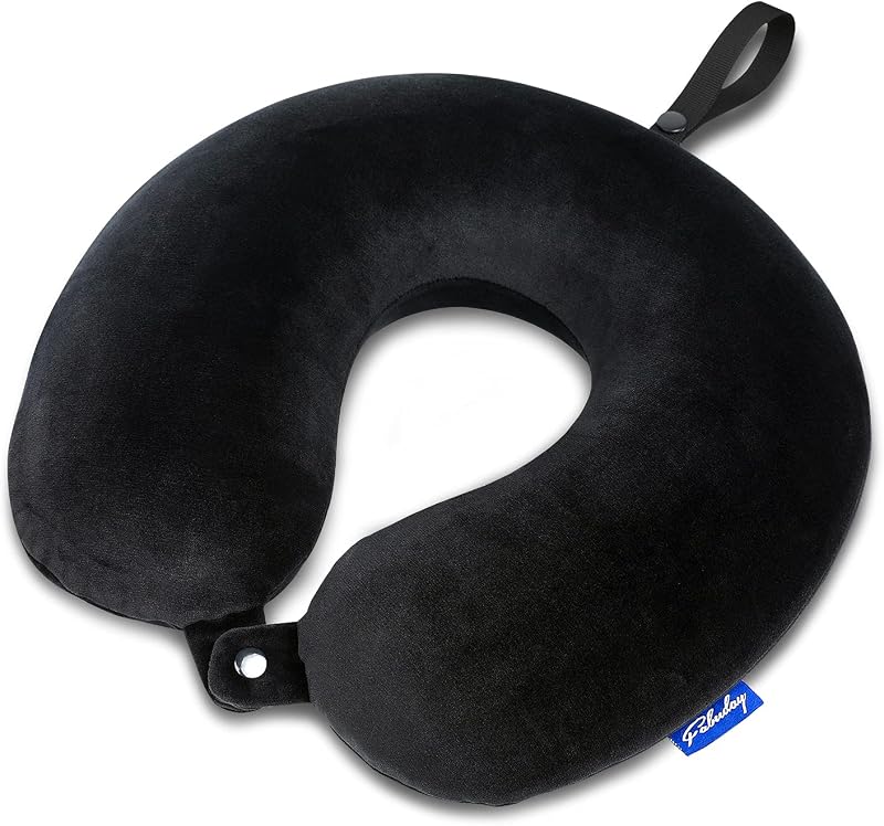 Fabuday Memory Foam Travel Pillows for Airplanes - Neck Pillow for Traveling with Attachable Snap Strap Soft Washable Cover, Flight Pillow for Sleeping, Car, Home, Office, Black