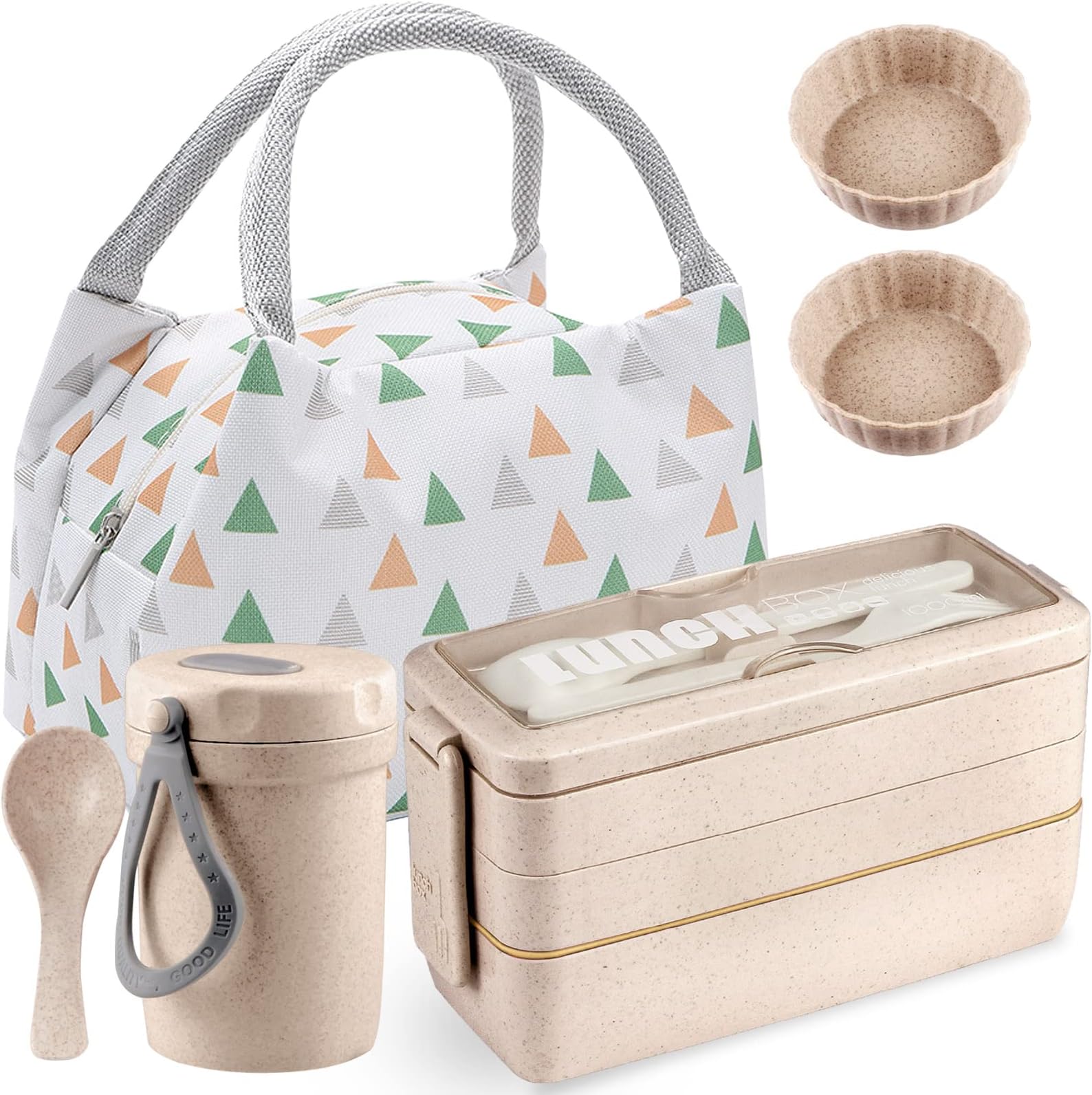 Kisstta Bento Box Japanese Lunch Box Stackable 3-in-1 Compartment Bento Lunch Boxes Set with Bag, Utensils, Cake Cups - Adults Durable Leakproof Lunch Boxes