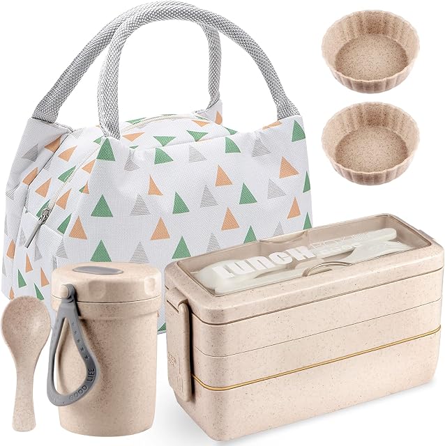 Kisstta Bento Box Japanese Lunch Box for Kids Stackable 3-in-1 Compartment Bento Lunch Boxes Set with Bag, Utensils, Cake Cups - Adults Durable Leakproof Lunch Boxes