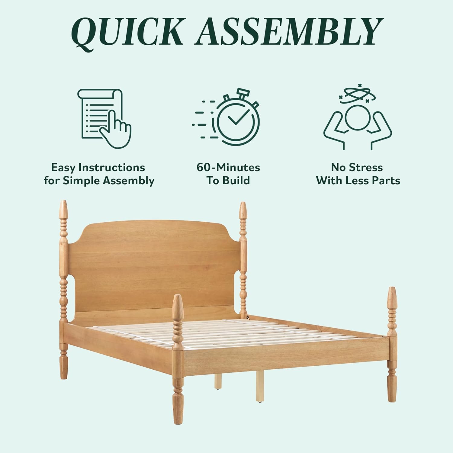 Quick Assembly graphic showing icons for easy instructions, 60-minutes to build, and no stress with less parts, with a bed frame below