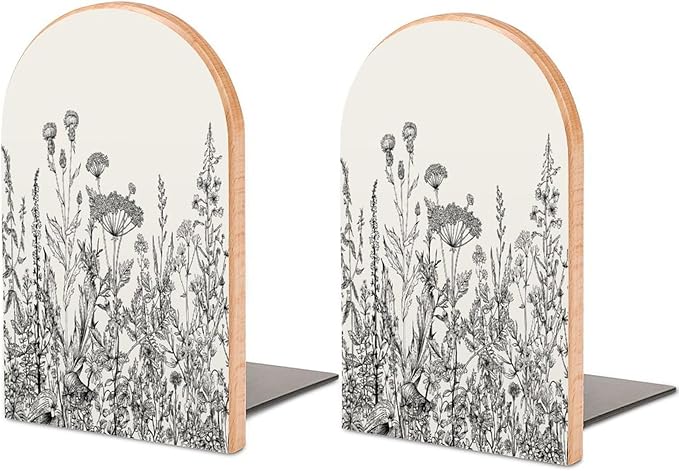 2 Pack Wood Bookends, Vintage Spring Flowers Herb Non-Skid Book Ends for Heave Books, Decorative Bookends for Shelves Desk, Book Stoppers Book Holders for Home Office Library School