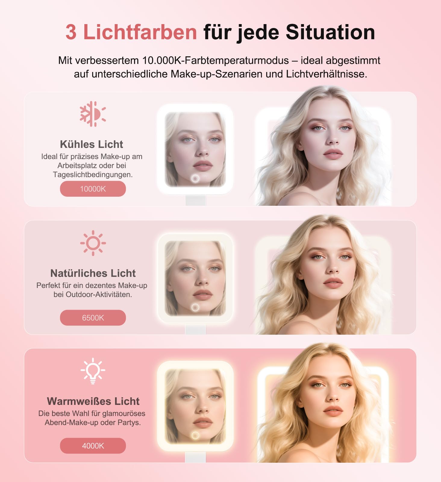 Ziweo Kosmetikspiegel mit Beleuchtung, Wiederaufladbarer Tragbarer Schminkspiegel mit Beleuchtung 3 Farblichter, Dimmbarer Touchscreen Vergrößerungsspiegel Faltbarer Rasierspiegel
