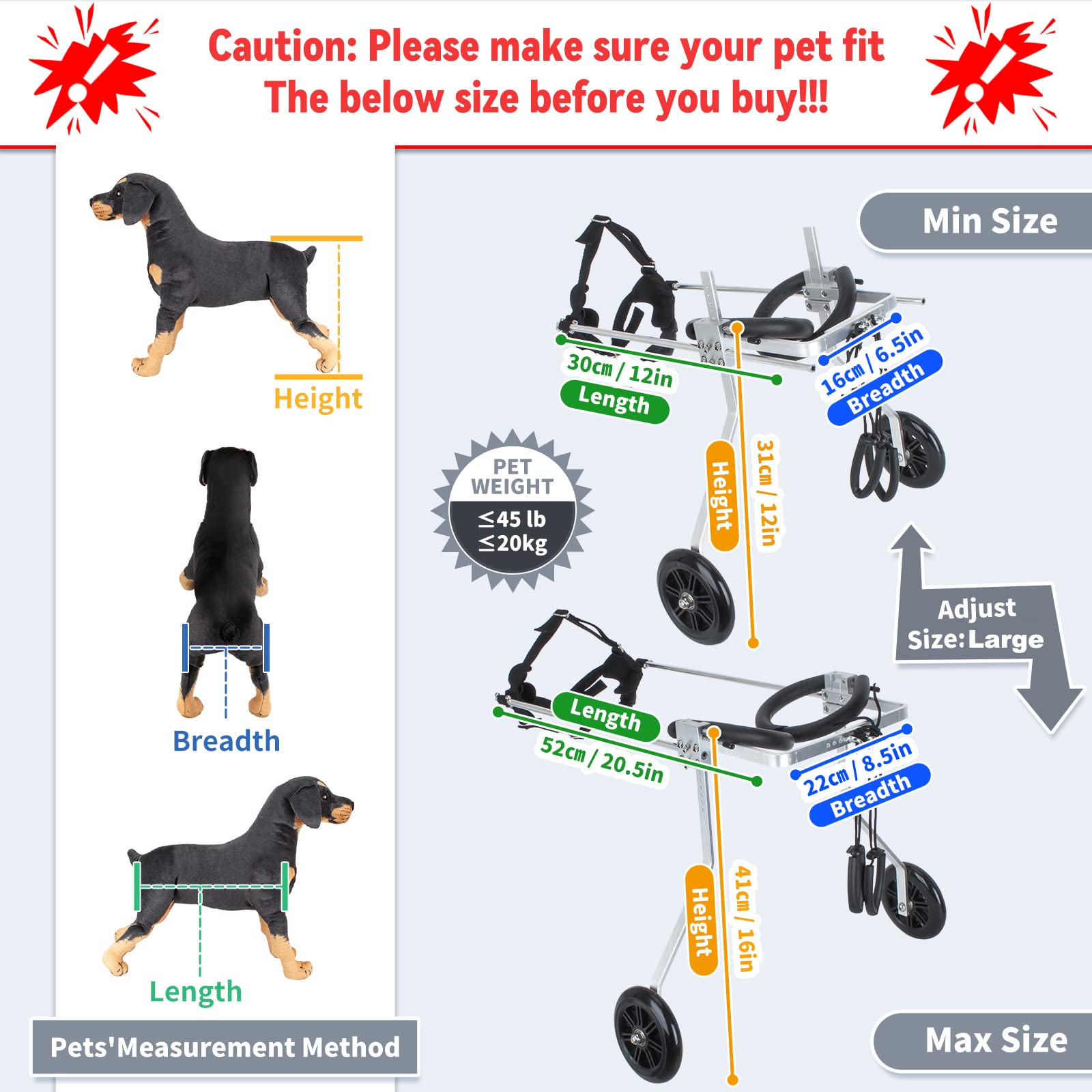 Silla de Ruedas para Mascotas para Patas Traseras, Grande, Ajustable de Aluminio, Plata, 9-20 kg, 31-41 cm, 4 Ruedas Todo Terreno, Montaje Fácil, Acceso al Baño para Mascotas | Silla de ruedas ajustable de aluminio con 2 ruedas