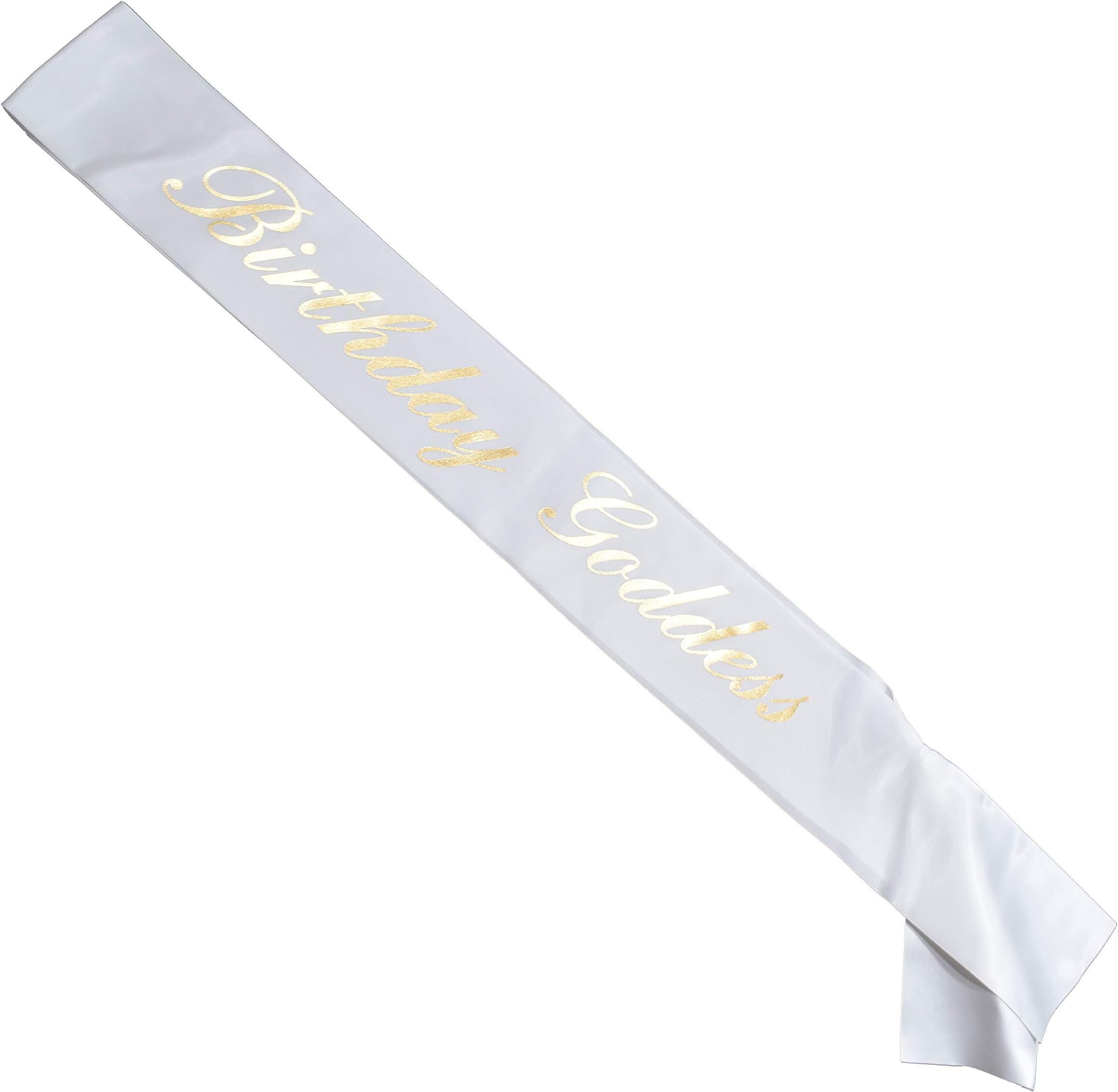 Birthday Goddess Sash with White Sash and Reflective Gold Lettering