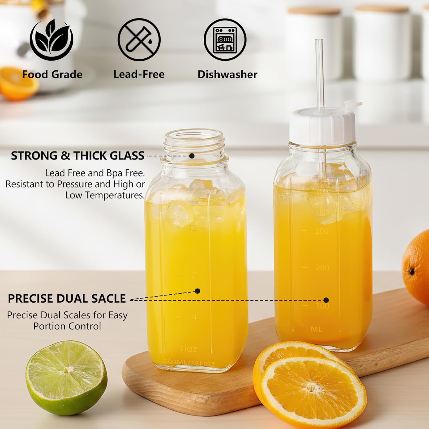 Ruckae 16oz 8 Pack Glass Juice Bottles with Lids - Reusable Square Glass Juice Bottles with Leak-Proof Lid & Capacity Marks for Containers Juicing,Milk,Smoothies - Image 5