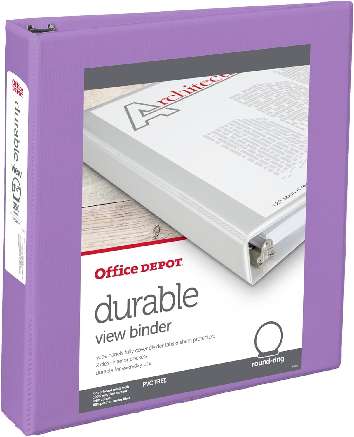 Office Depot® 3リング耐久性ビューバインダー、1-1/2インチラウンドリング、49%リサイクル、パープル