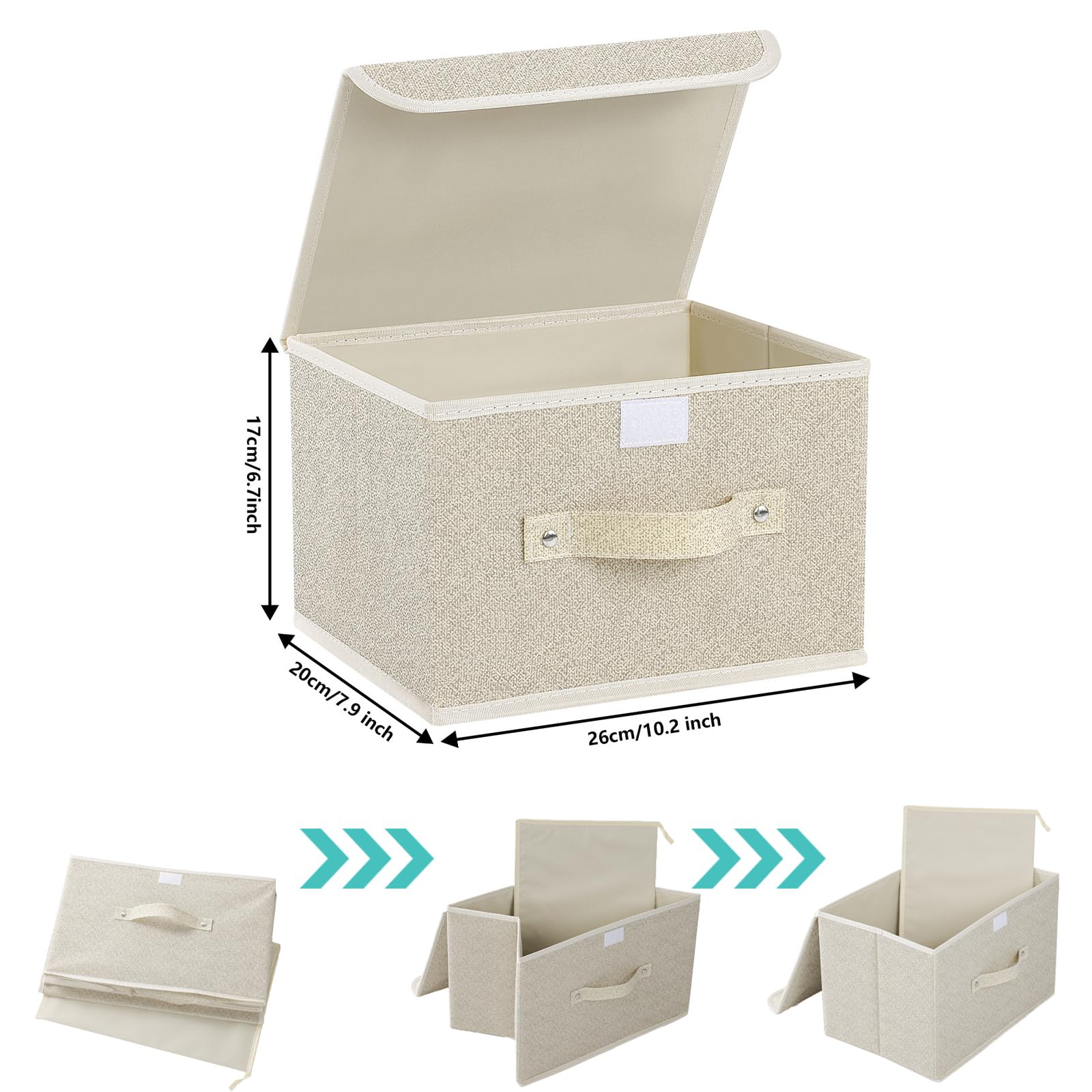 3 Pezzi Scatole di Stoccaggio Pieghevoli con Coperchi, Cubo di Portaoggetti in Tessuto con Manici, per Vestiti da Letto a Casa, Ufficio, Scuola, 26×20×17cm, Grigio Beige