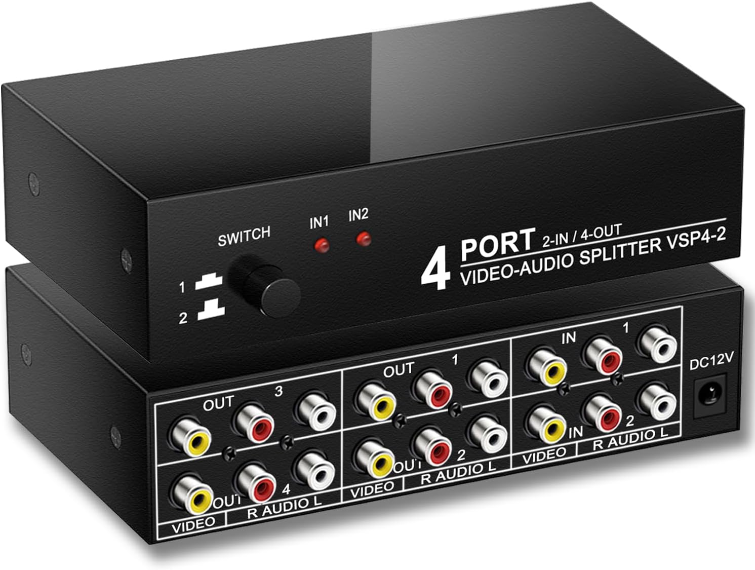 2 in 4 Out RCA Switch Splitter Composite Stereo AV Switcher Box | Composite Video L/R Audio Selector for VCR, DVD Player, Retro Game Console, Security Camera, Home Theater Systems