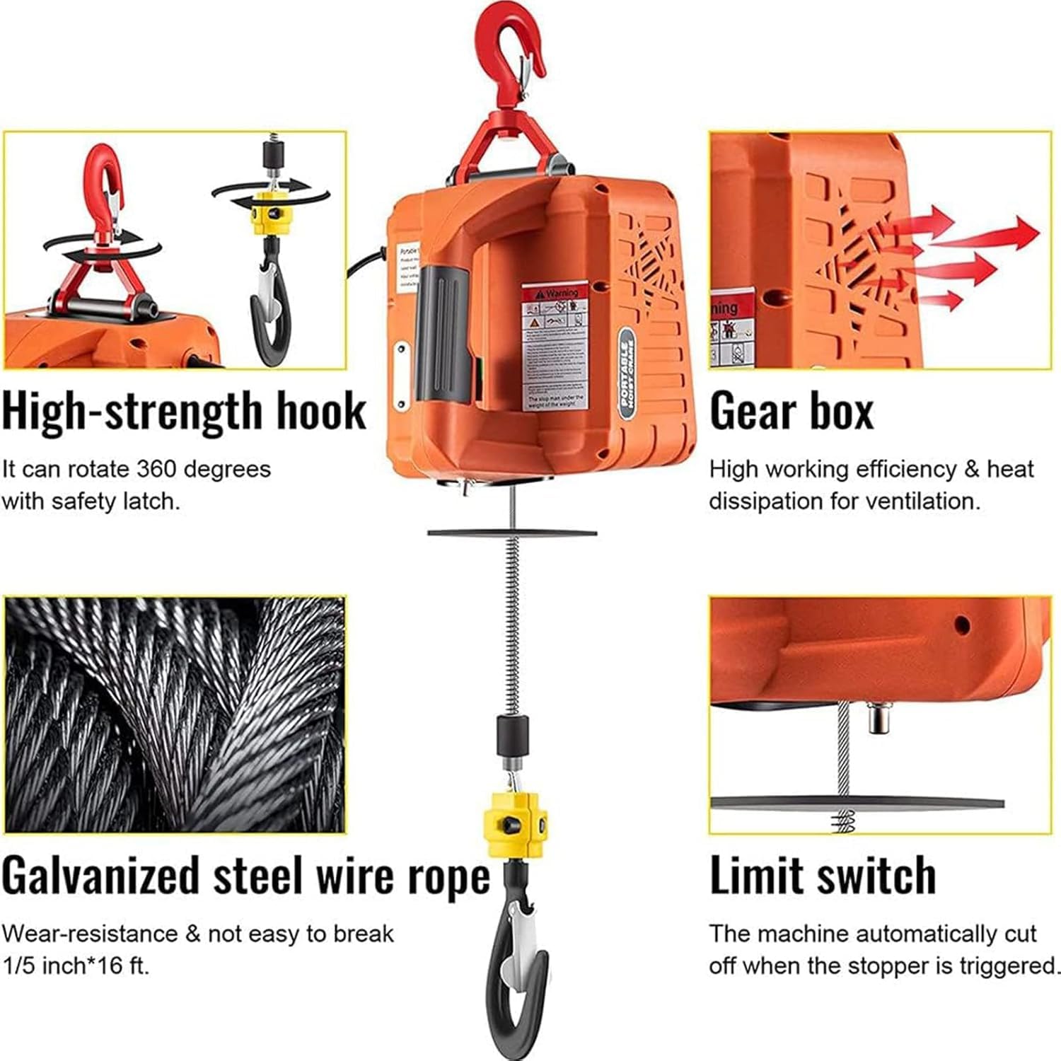 Polipasto Eléctrico 500kg/1100lbs con Control Remoto Inalámbrico, Motor 1500W Industrial para Construcción, Fábricas y Almacenes - Sistema de Control 3 en 1 (Manual, con Cable e Inalámbrico)