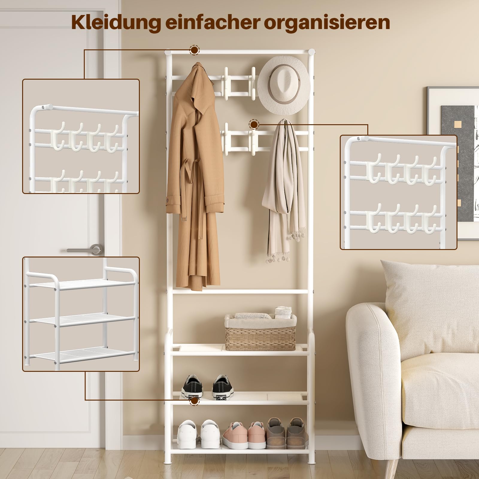 Innotic Garderobenständer mit Schuhregal und Ablage – 3 in 1 Kleiderständer aus Metall, 16 Haken & Höhenverstellbare Füße – Stabile Freistehende Garderobe für Flur, Wohnzimmer, Schlafzimmer (Weiß)