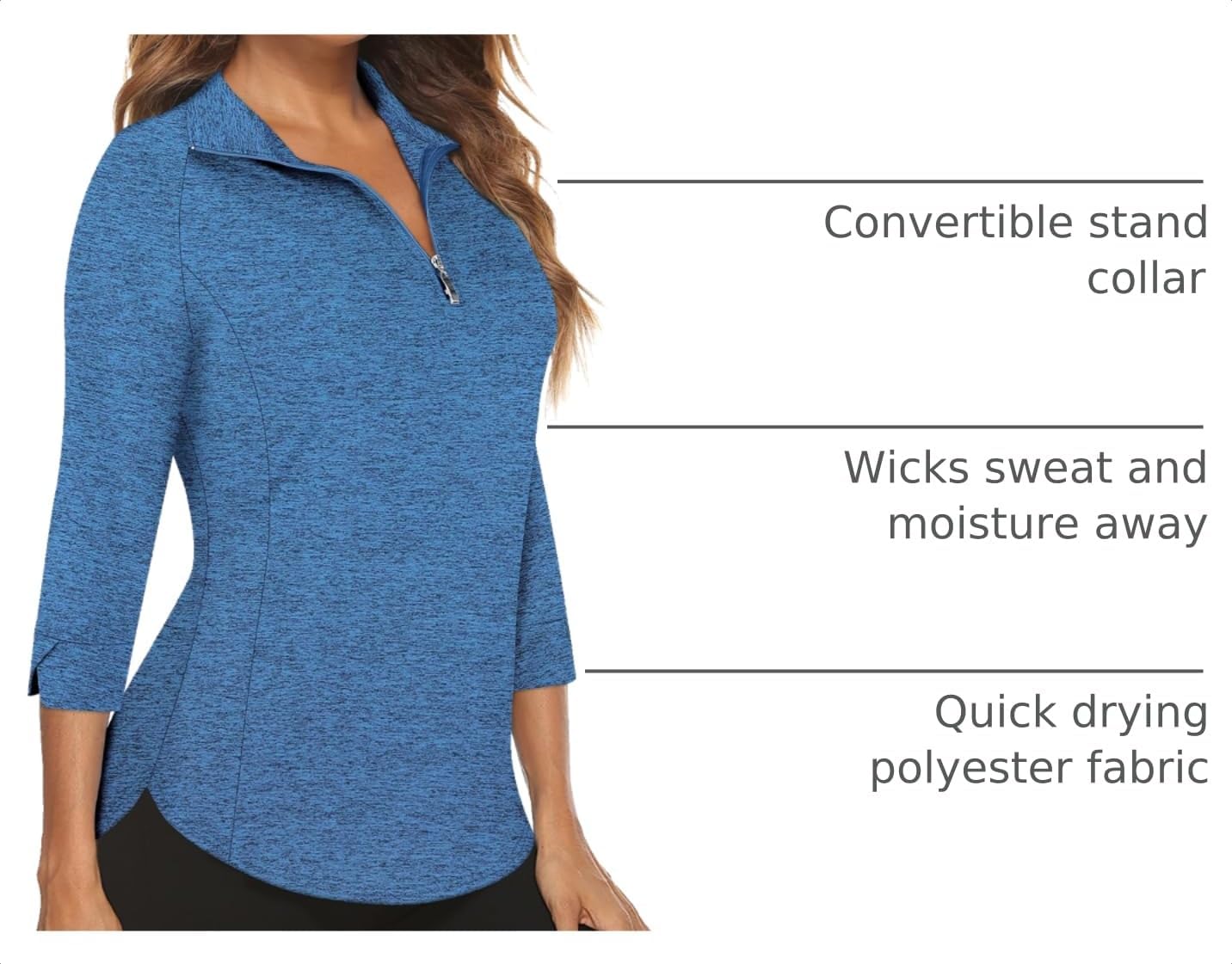 Cucuchy Style Womens Golf Shirt 3/4 Sleeve Quarter Zip Workout Tennis Tops Quick Dry UPF 50+ Shirts