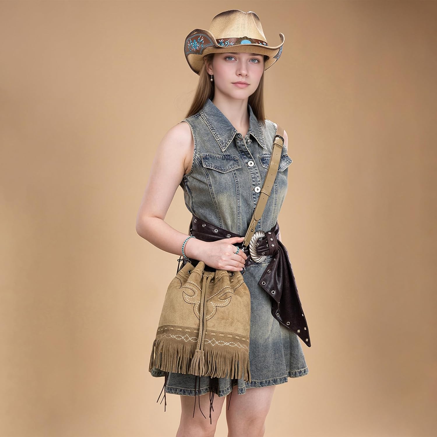 Montana West Aztec Bucket Bags for Women Western Fringe Crossbody Bag Ladies Vintage Drawstring Bucket Bag