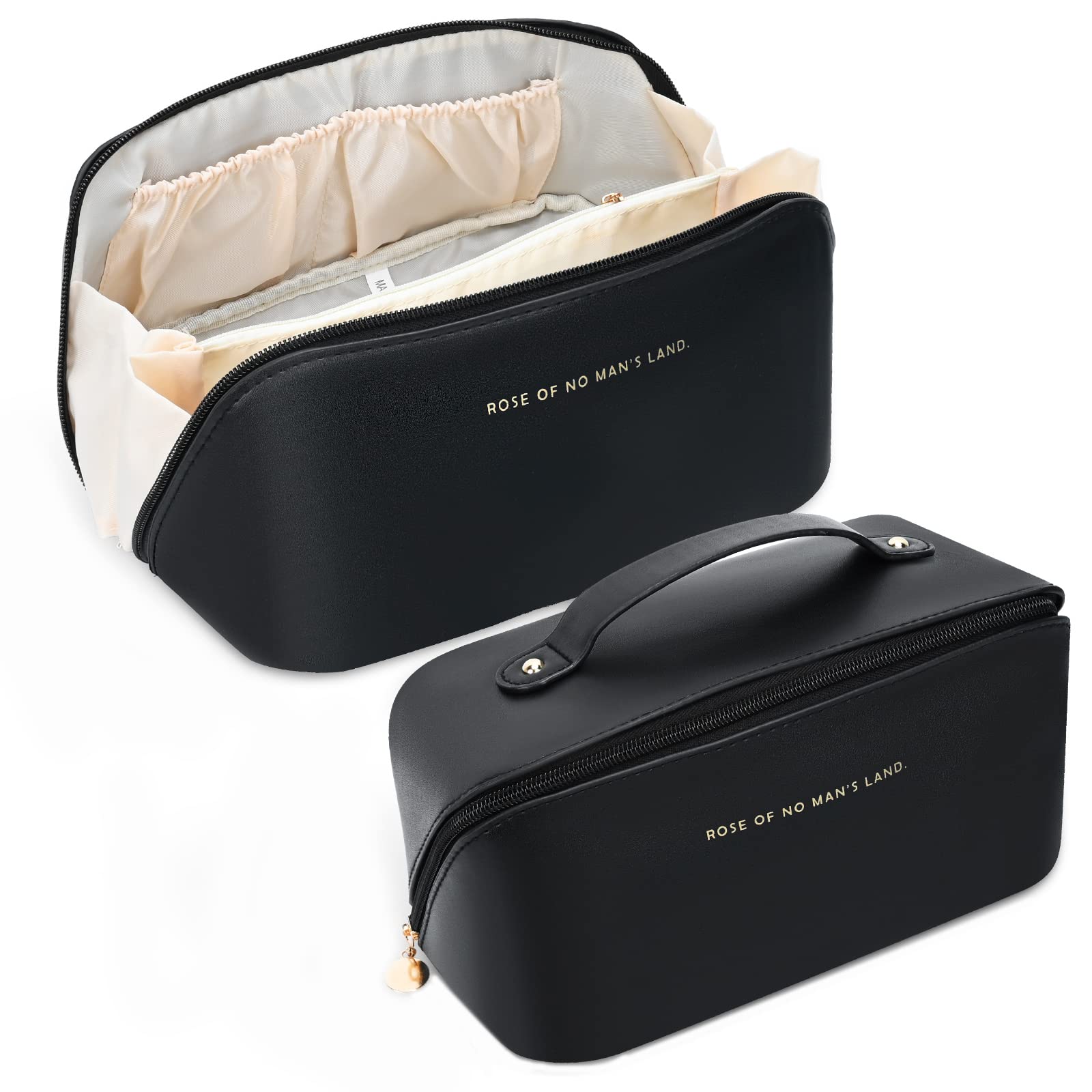 DarbermuLarge Capacity Cosmetic Bag Toiletry Bags Portable Travel Makeup Bag PU Cosmetic Travel Organizer Bag Waterproof Makeup Bag Travel Bags with Handle （Black）