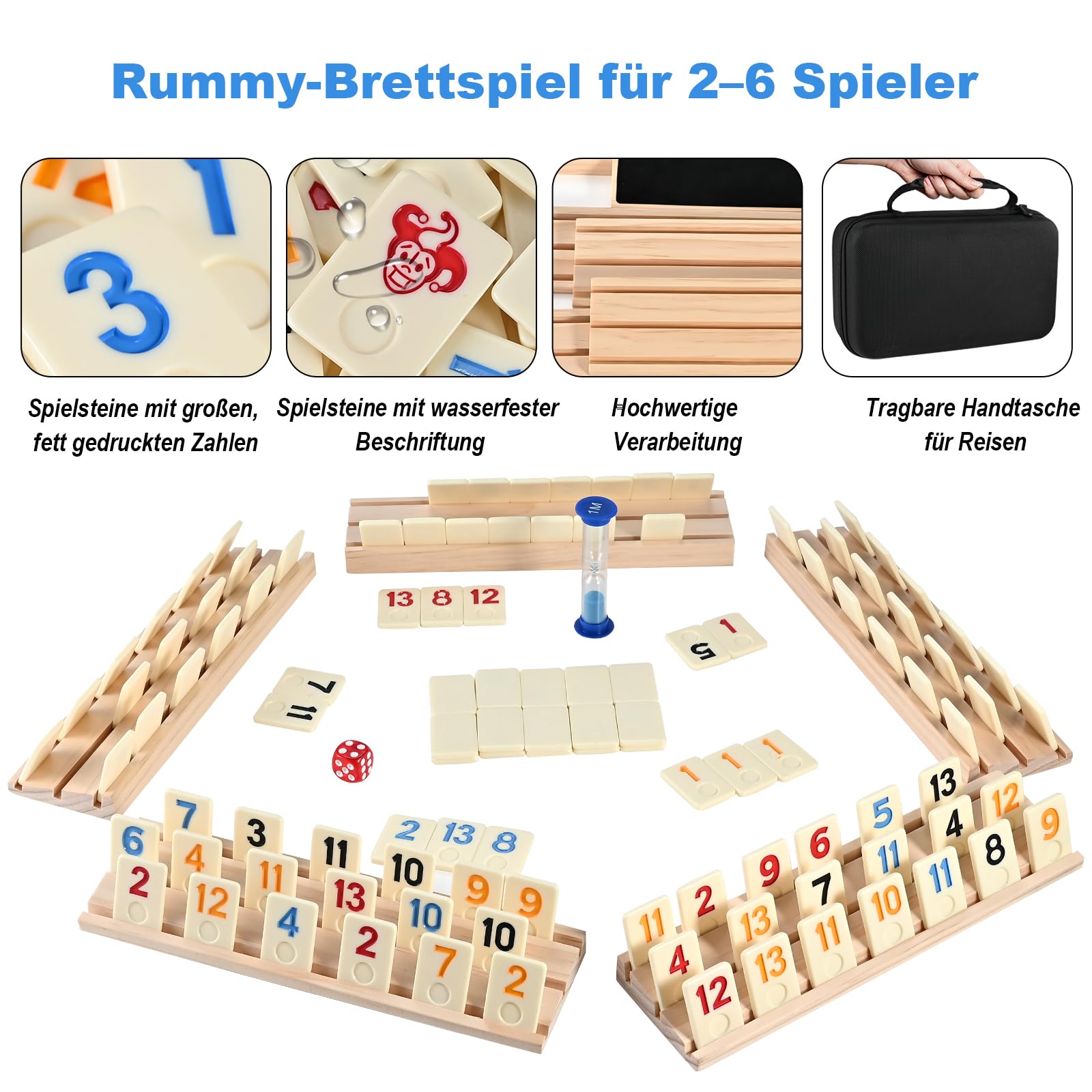 Wooderma Rummy Holz Spiel – Rummy Cup Set mit 160 Spielsteinen & 6 Holzhaltern, Brettspiel für 2–6 Spieler ab 8 Jahren