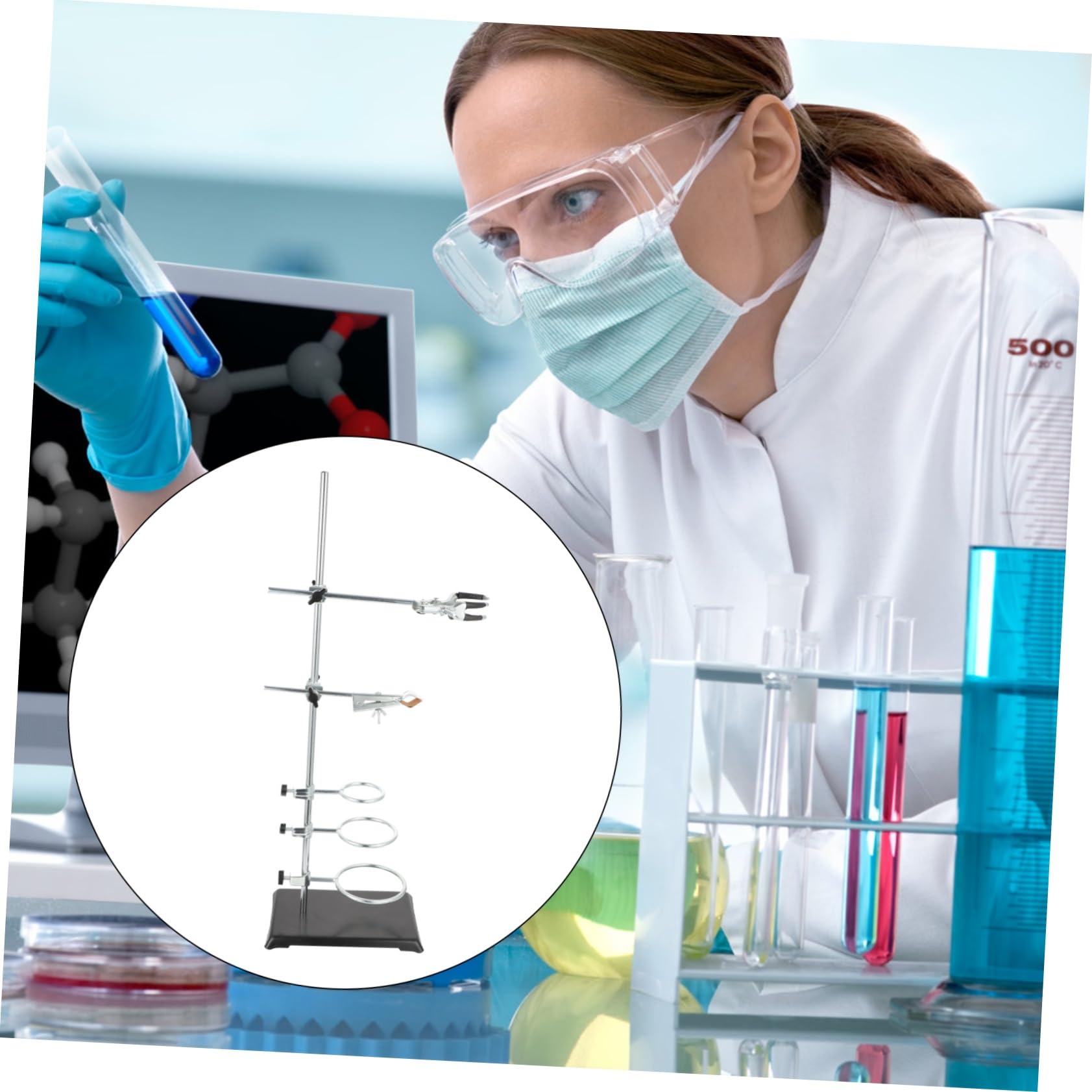Support D’instruments de Laboratoire 60cm en Fer, Base Argenté | Poteau Unique 6 Supports, Hauteur Réglable, Format Compact pour Matériel de Chimie