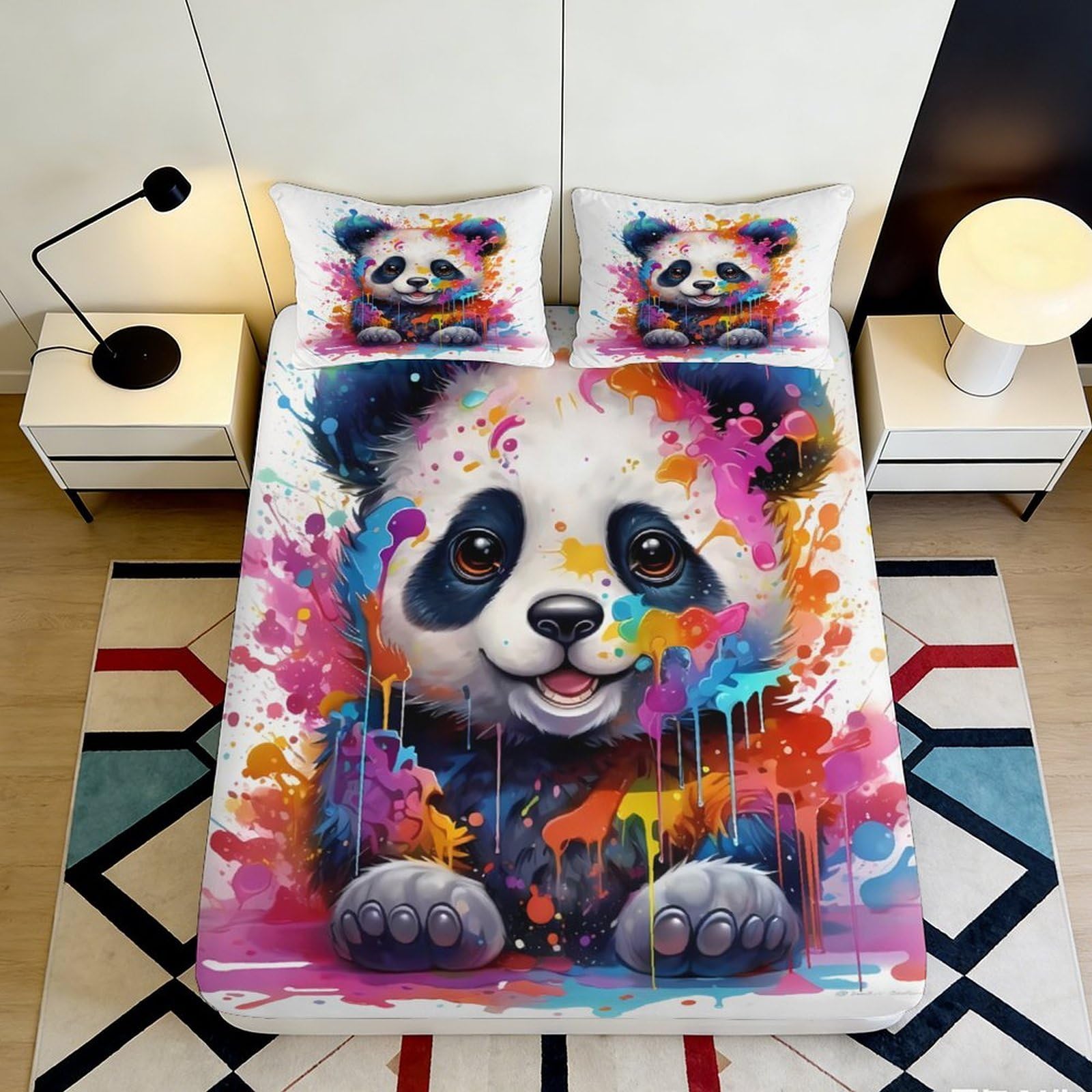 3D Printed Colourful Panda Fitted Sheet Microfiber Deep Pocket Non-Slip Colourful Panda Mattress Fitted Cover Bedding for Adult 200x200x25cm