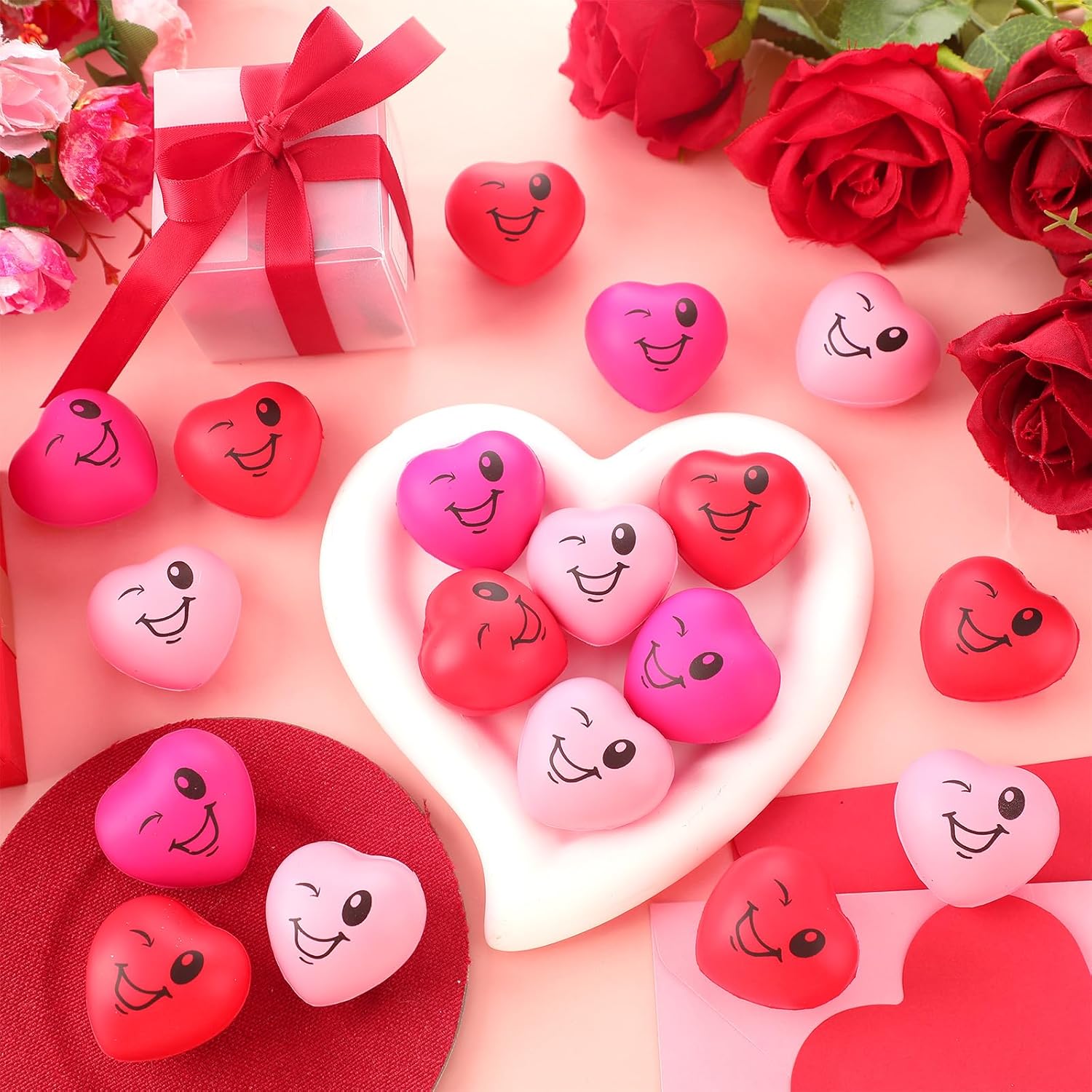 60 Pcs Valentine's Day Heart Stress Balls Bulk Mini 1.6" Smile Face Squeeze Foam Relief Heart Shaped Stress Ball for Valentine Galentine Party Gifts Bag Fillers Adults Carnival Reward, 3 Colors