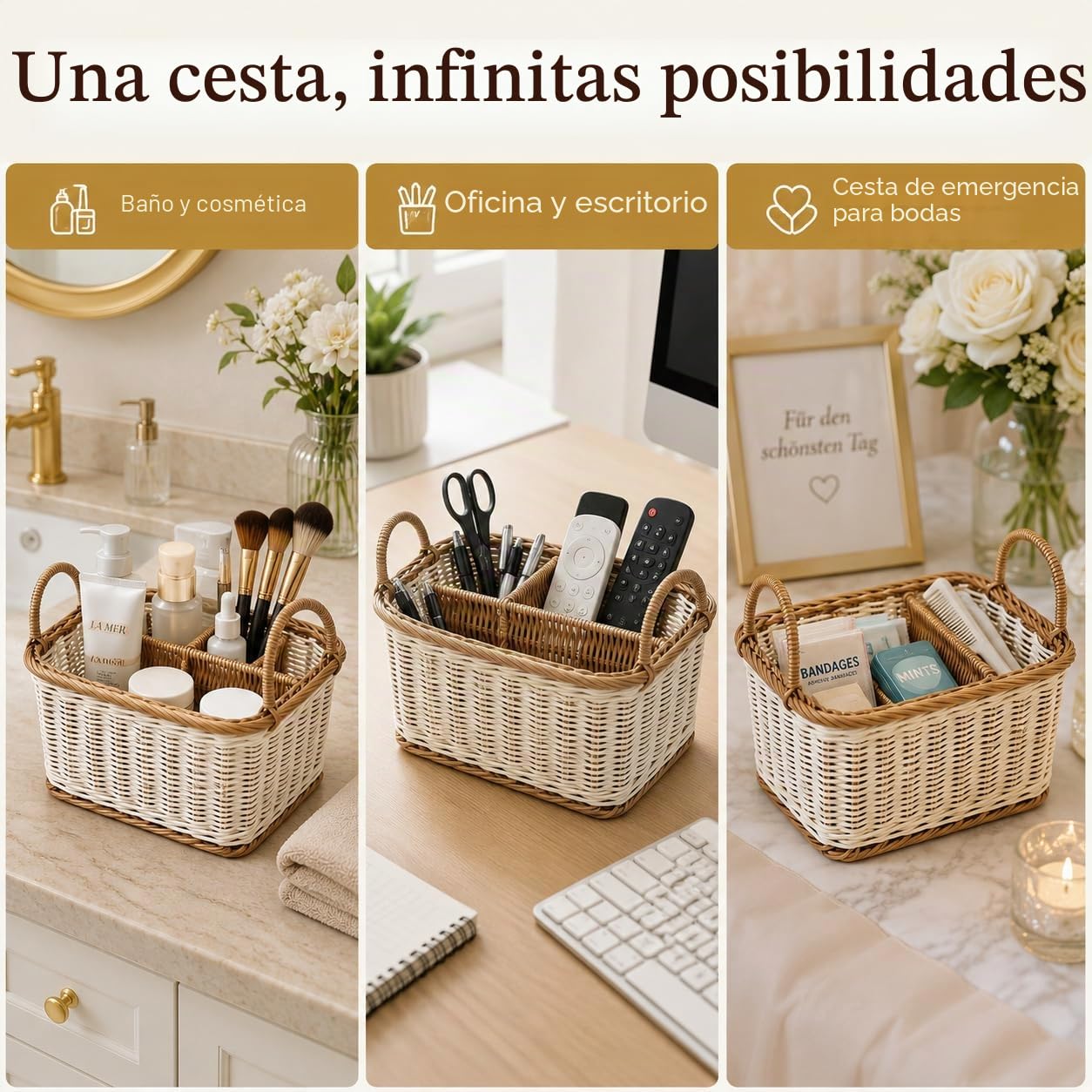 Hemoton Cesta De Almacenamiento De Ratán Sintético Con 4 Compartimentos, Organizador De Cubiertos Y Utensilios Para Cocina, Comedor, Jardín O Picnic