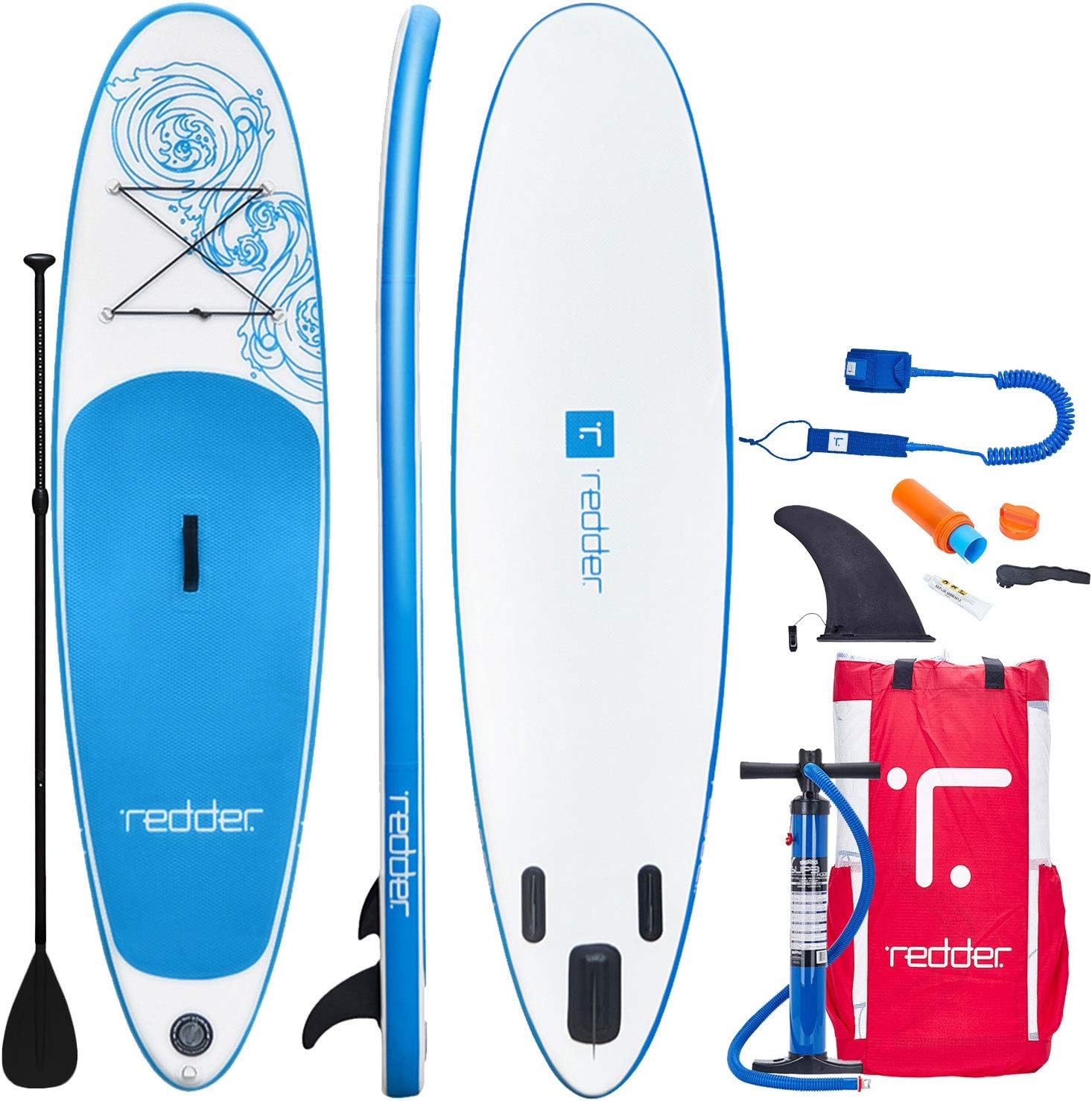 redder Inflatable Stand Up Paddle Board Vortex All Round ISUP with Double Action Hand Pump, 3 Piece Alumium Paddle, 10' Leash, Portable Backpack, Non-Slip EVA Deck and Repair Kit