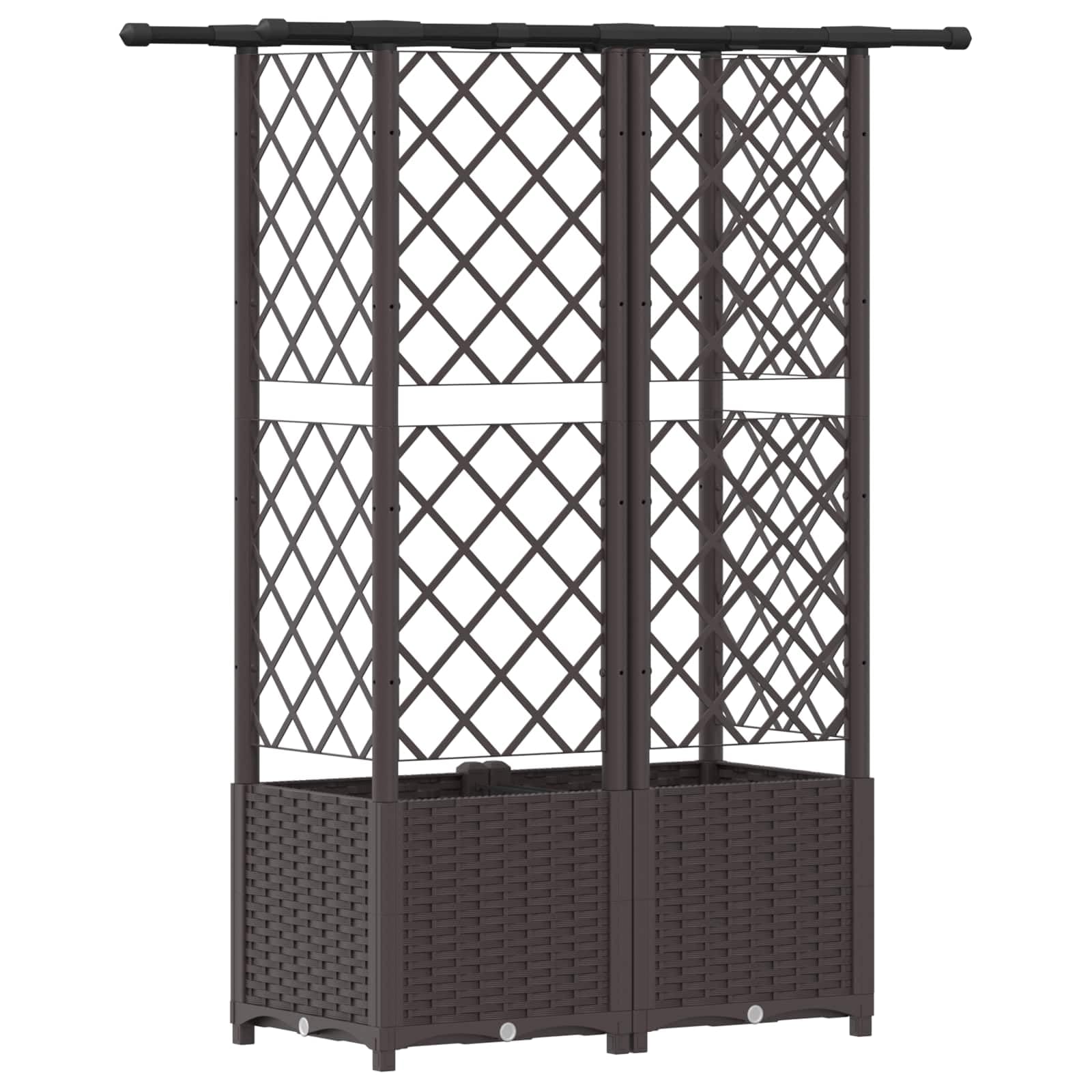 Podwyższona grządka z kratką dla roślin pnących i dachem wiszącym, brązowa, z polipropylenu, 124 x 40 x 136 cm, na balkon, taras i do ogrodu, donica na rośliny z nawadnianiem i zbiornikiem