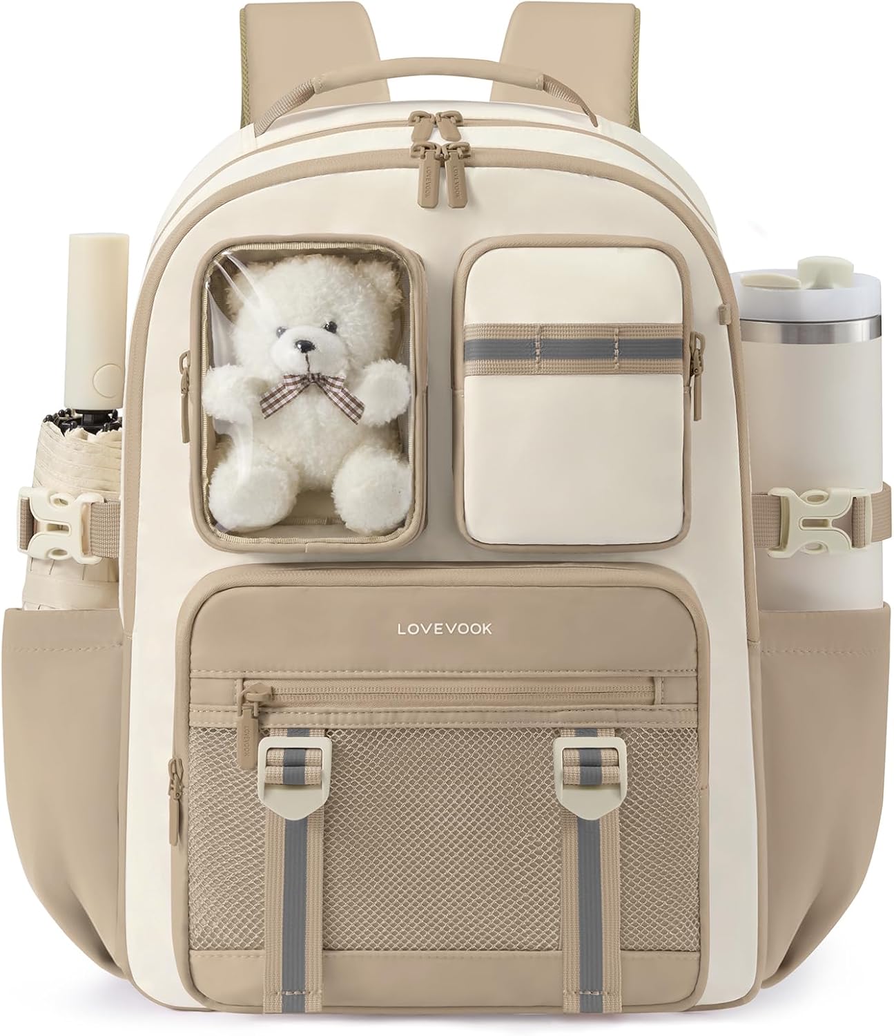 LOVEVOOK Cute School Backpack for Girls Ages 8-14, Bookbag with Plush Bear & Clear Display Pocket, Fits 15.6 Inch Laptop & 40oz Tumbler, Back to School Backpack for Elementary & Middle School
