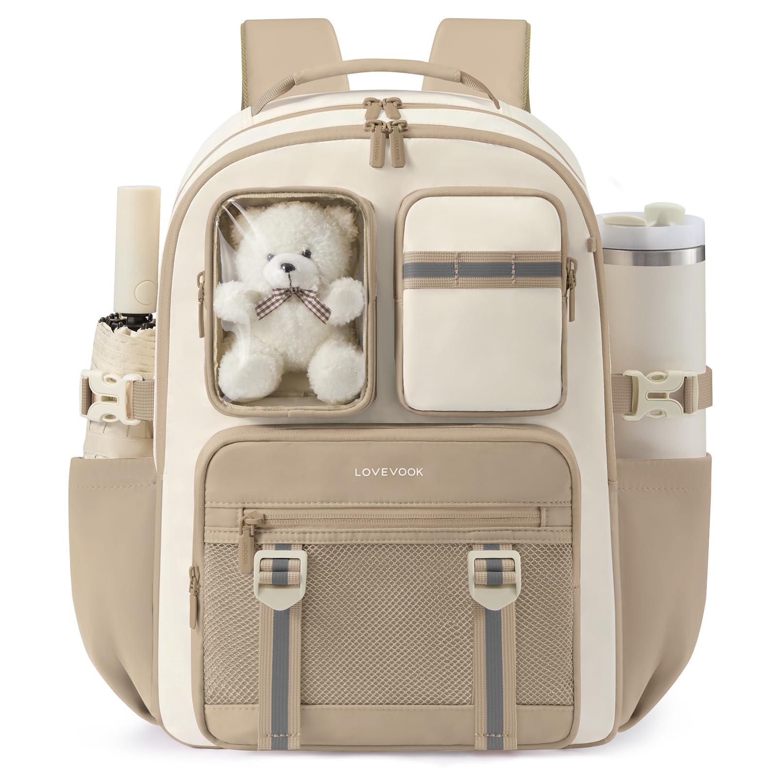 LOVEVOOK Cute School Backpack for Girls Ages 8-14, Bookbag with Plush Bear & Clear Display Pocket, Fits 15.6 Inch Laptop & 40oz Tumbler, Back to School Backpack for Elementary & Middle School
