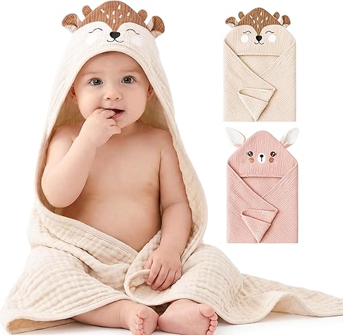 Konssy Paquete de 2 toallas de muselina con capucha para bebé, 100% algodón, toallas de baño suaves y absorbentes para recién nacidos, bebés y niños