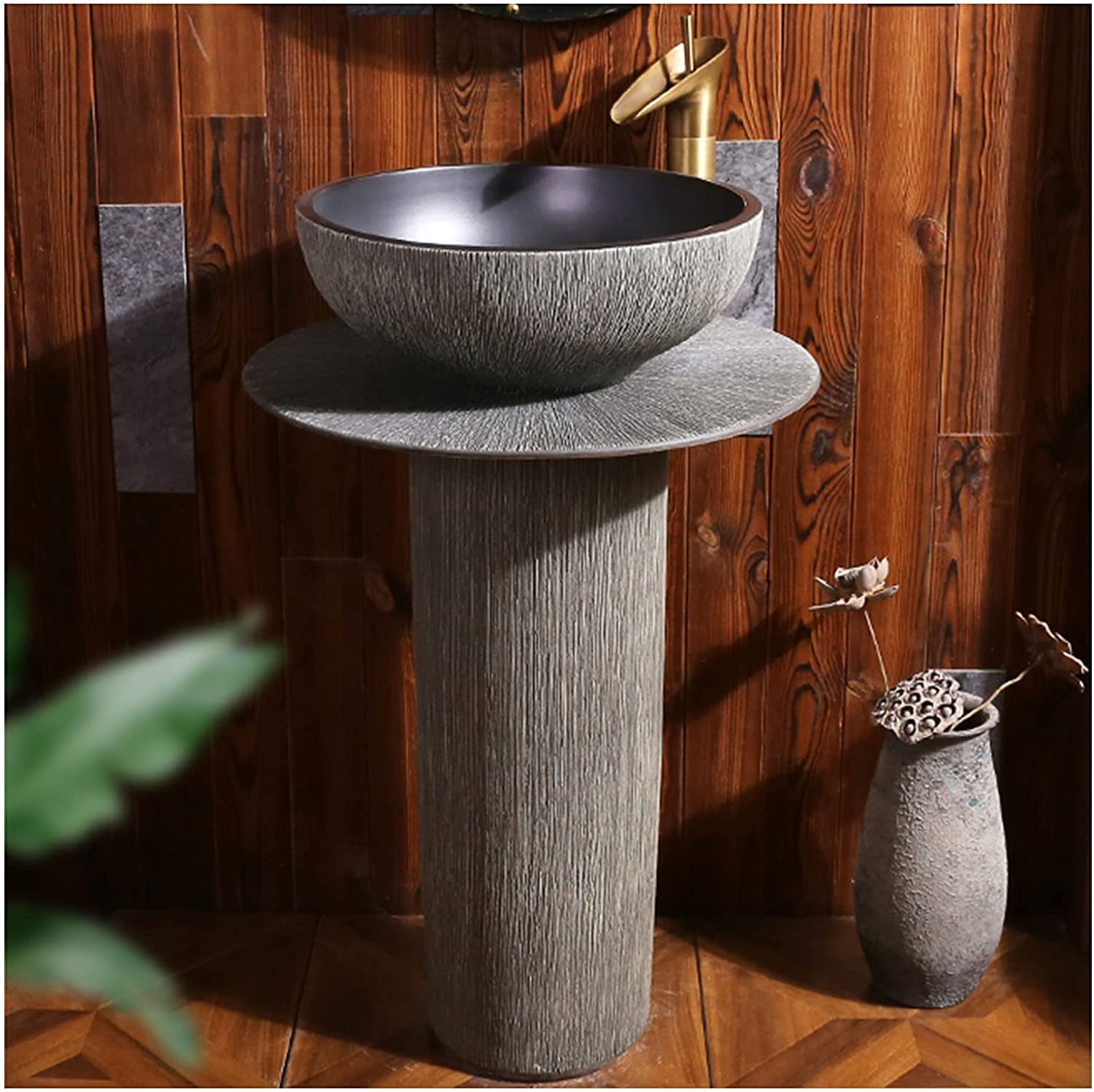 OLSKFUH Freestanding Pedestal Sink Floor Standing Art Sink Pedestal Sink, Contemporary Bathroom Sinks, Compact Corner Sinks, Home Bathroom Kaolin Clay Vessel Sinks Combo For Indo,A-With accessories