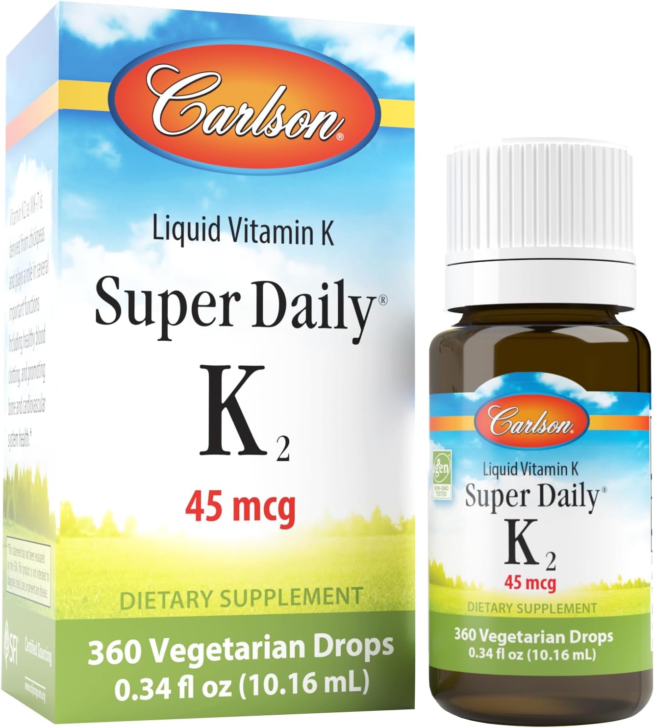 Carlson - Super Daily K2, 45 mcg Liquid Vitamin K, Bone Health, K2 Vitamin, Vitamin K Supplement, Vitamin K-2 MK7, Unflavored, 360 Drops (10.16 mL)