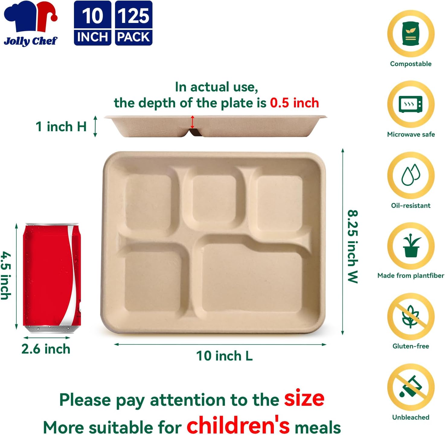 JOLLY CHEF Small Compostable 5 Compartment Paper Plates 10 * 8.25 * 1 inch 125 Pack Disposable Eco-Friendly Biodegradable Food Trays for Primary and Secondary School Students’ Lunch (Brown)