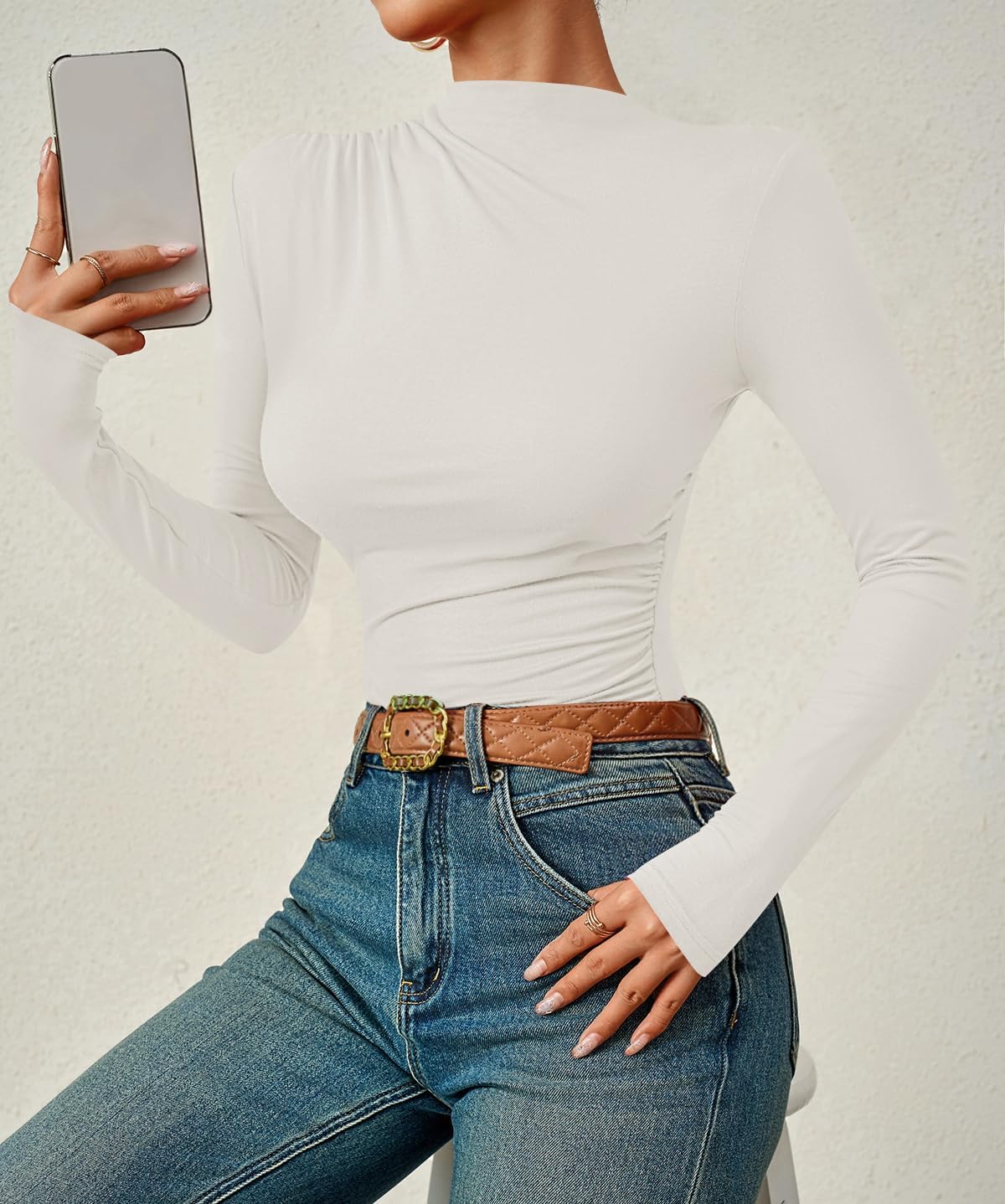 ZESICA Women's Long Sleeve Tops Mock Neck Ruched Tight Shirts 2026 Spring Trendy Outfits - Image 5