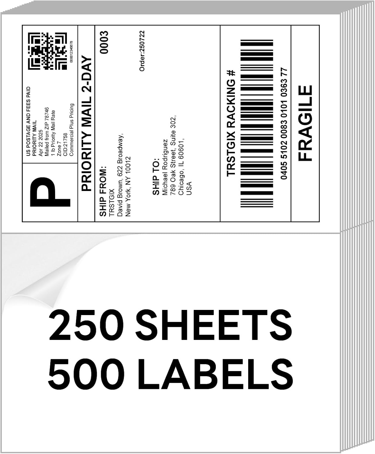 8.5" x 5.5" Address Labels for Laser & Inkjet Printers, 500 Labels (250 Sheets), Easy Peel Shipping Labels, Strong Adhesive for Mailing, Packages, Organizing, and Custom Printing, TRSTGIX