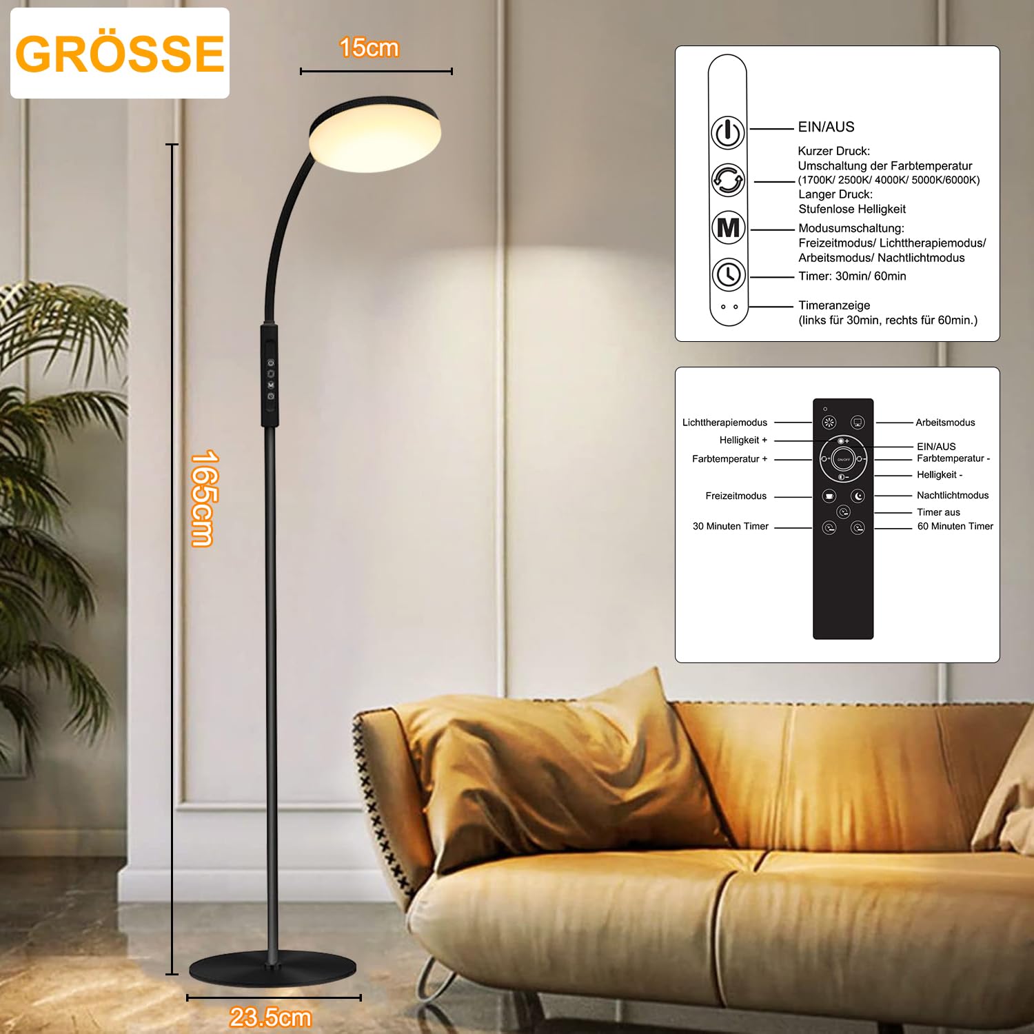 LED Stehlampe Dimmbar mit Fernbedienung, 20000 Lux Tageslichtlampe gegen Winterblues, 1700K-6000K Leselampe mit Timer & Flexibler Schwanenhals, 165cm Stehleuchte für Wohnzimmer, Schlafzimmer & Büro
