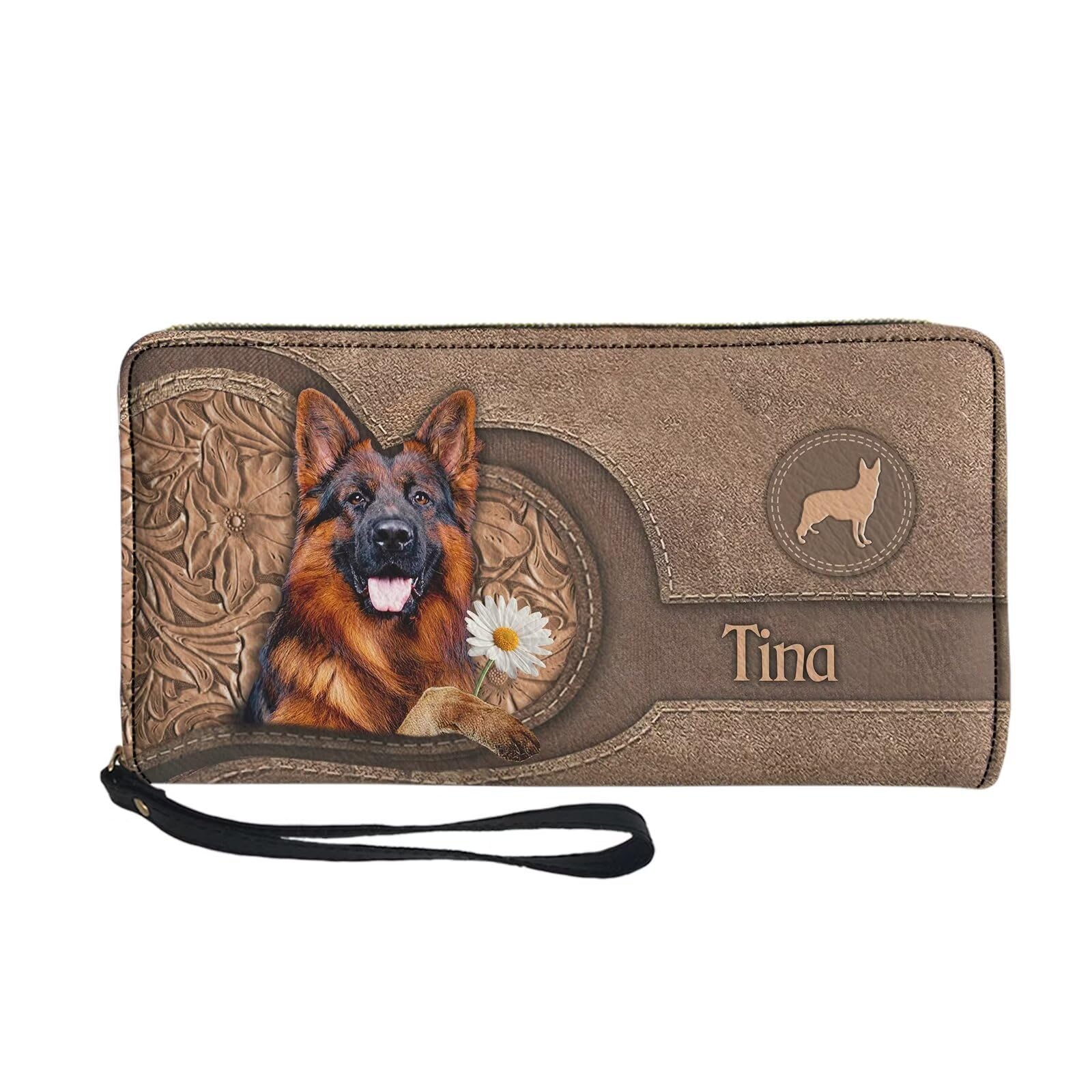 Tuoxiukan Custom Wallets for Men German Shepherd Dog Personalized Name Wristlet Wallets for Women Zip Around Slim Minimalist Clutch Purse Cash Pouch