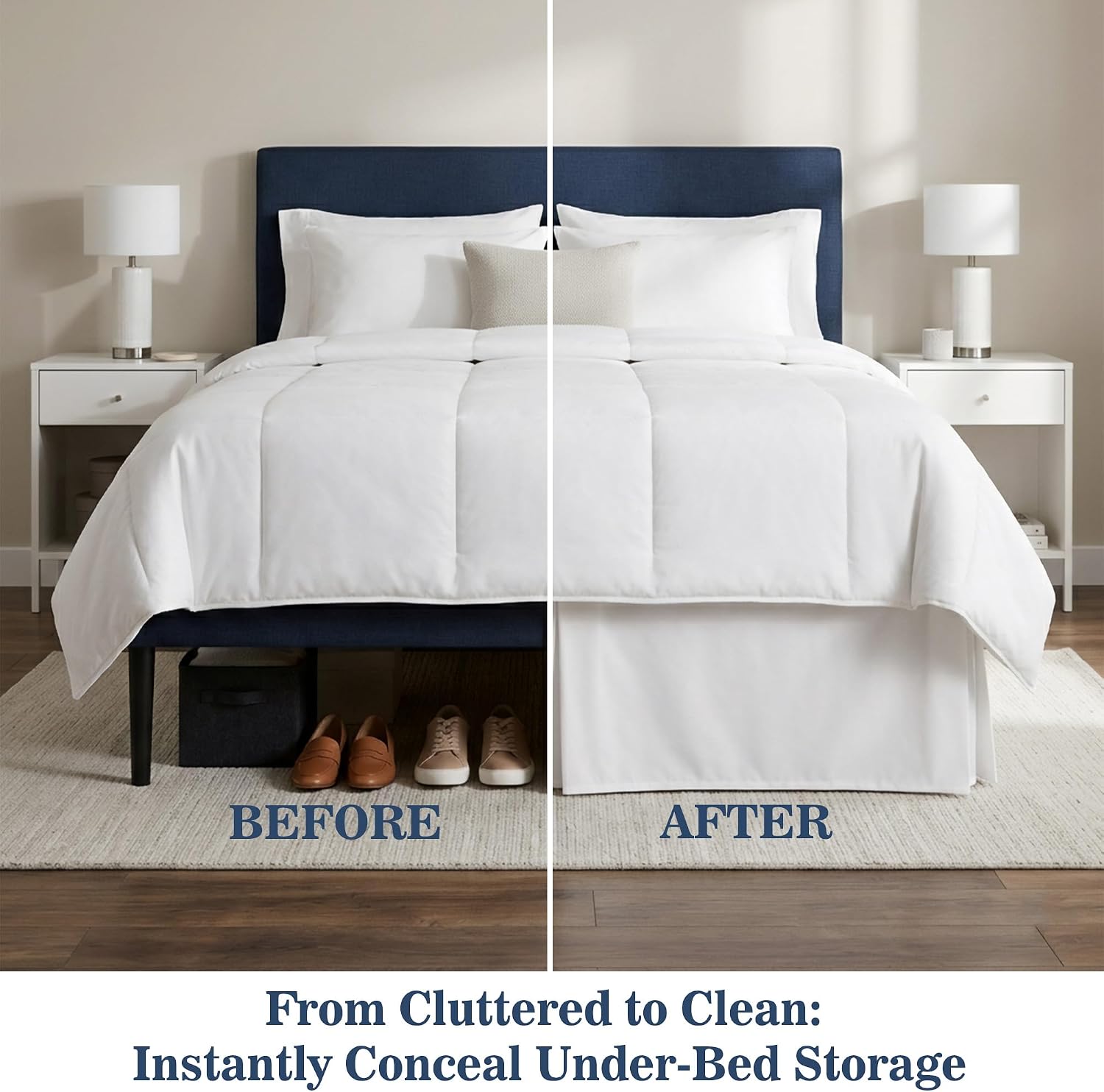 Pleated Bed Skirt King Size, 16" Drop with Platform Design for Secure Fit, Split Corners, Wrinkle-Resistant Microfiber for Modern Stylish Look, Tailored Bedding for Hotel Luxury - White