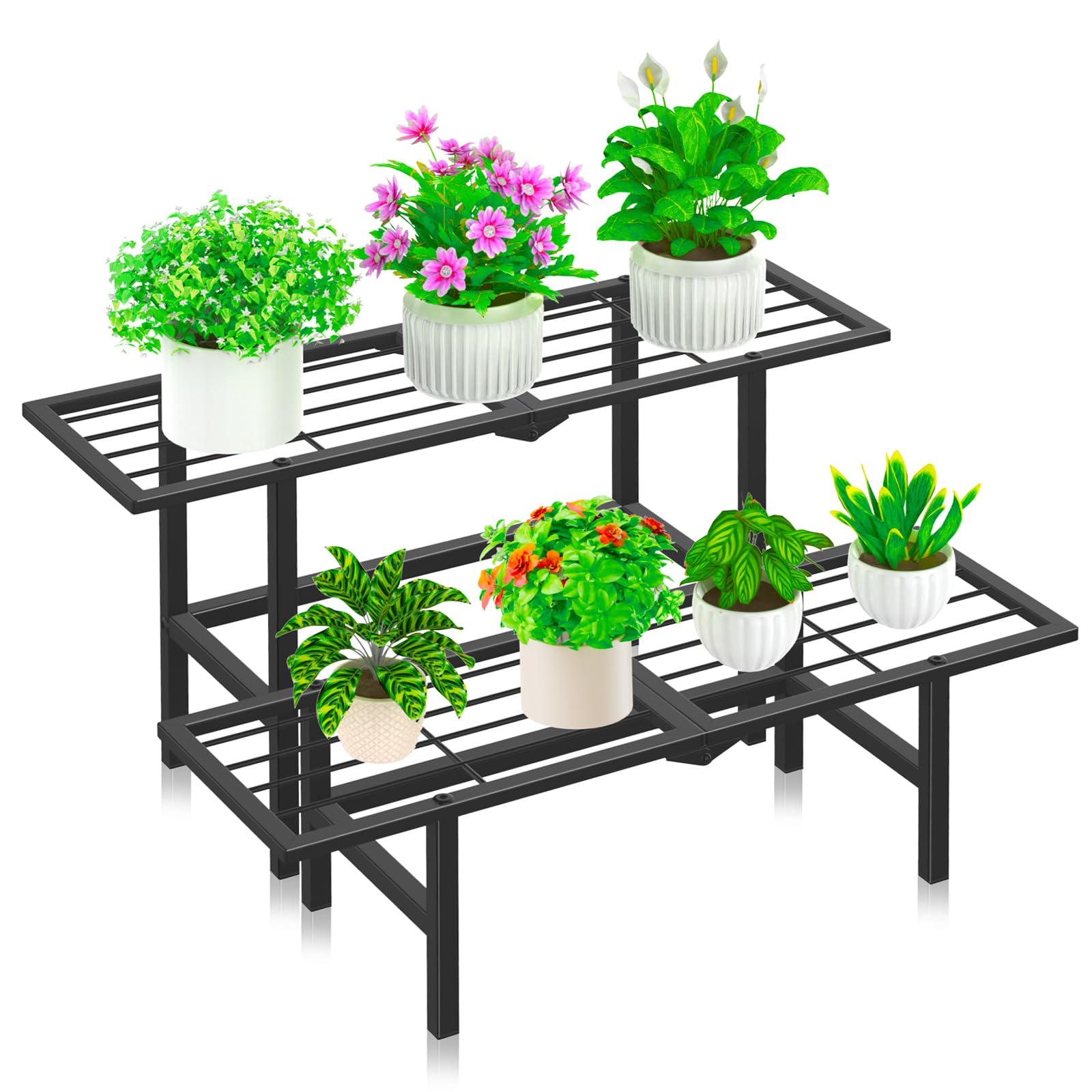 Support pour plantes à 2 niveaux pour extérieur et intérieur, étagère séparée pliable en métal robuste, support d'échelle pour pots de fleurs, présentoir pour salon, jardin, balcon, terrasse