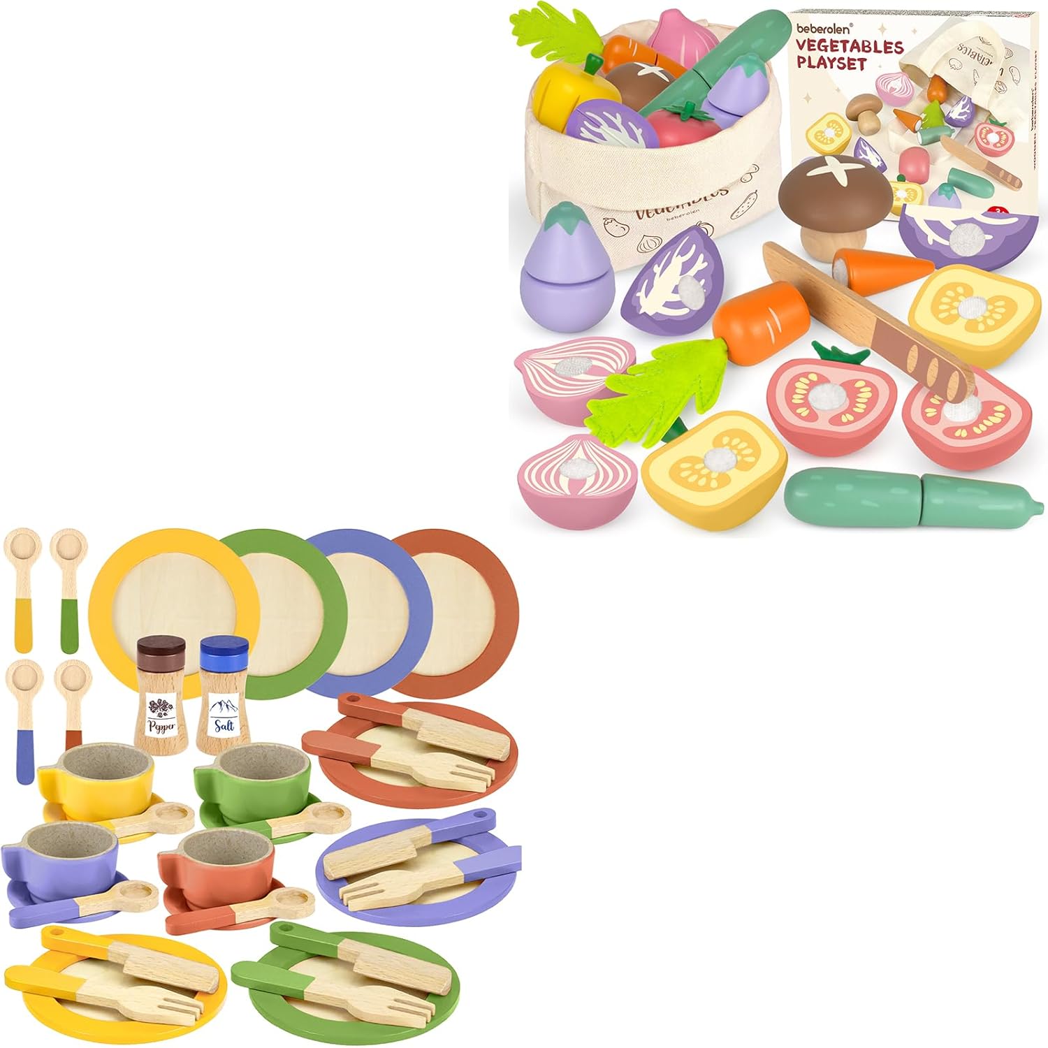 Wooden Play Food Sets for Kids Kitchen and Wooden Play Dishes and Plates Kitchen Accessories Toys