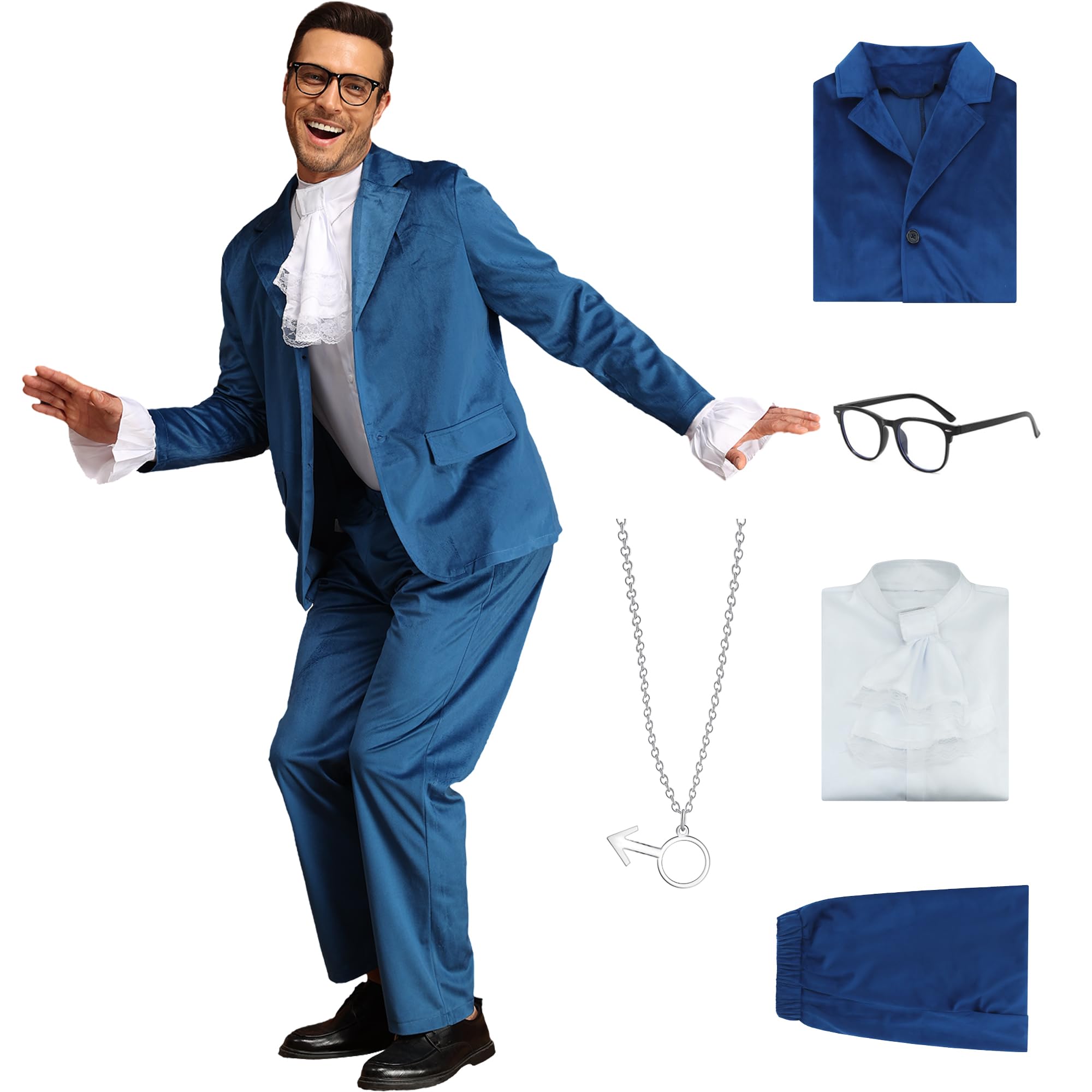 AYYOHON Blue 60s Swinger Costume Groovy Costumes for Men Spy Austin Halloween Cosplay Suit Ruffle Shirt Jacket Pants Set 3XL