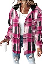 Fleece Jacket Women Sherpa Lined Flannel Plaid Shacket with Pockets Fuzzy Button up Hooded Winter Coat Fall Clothes