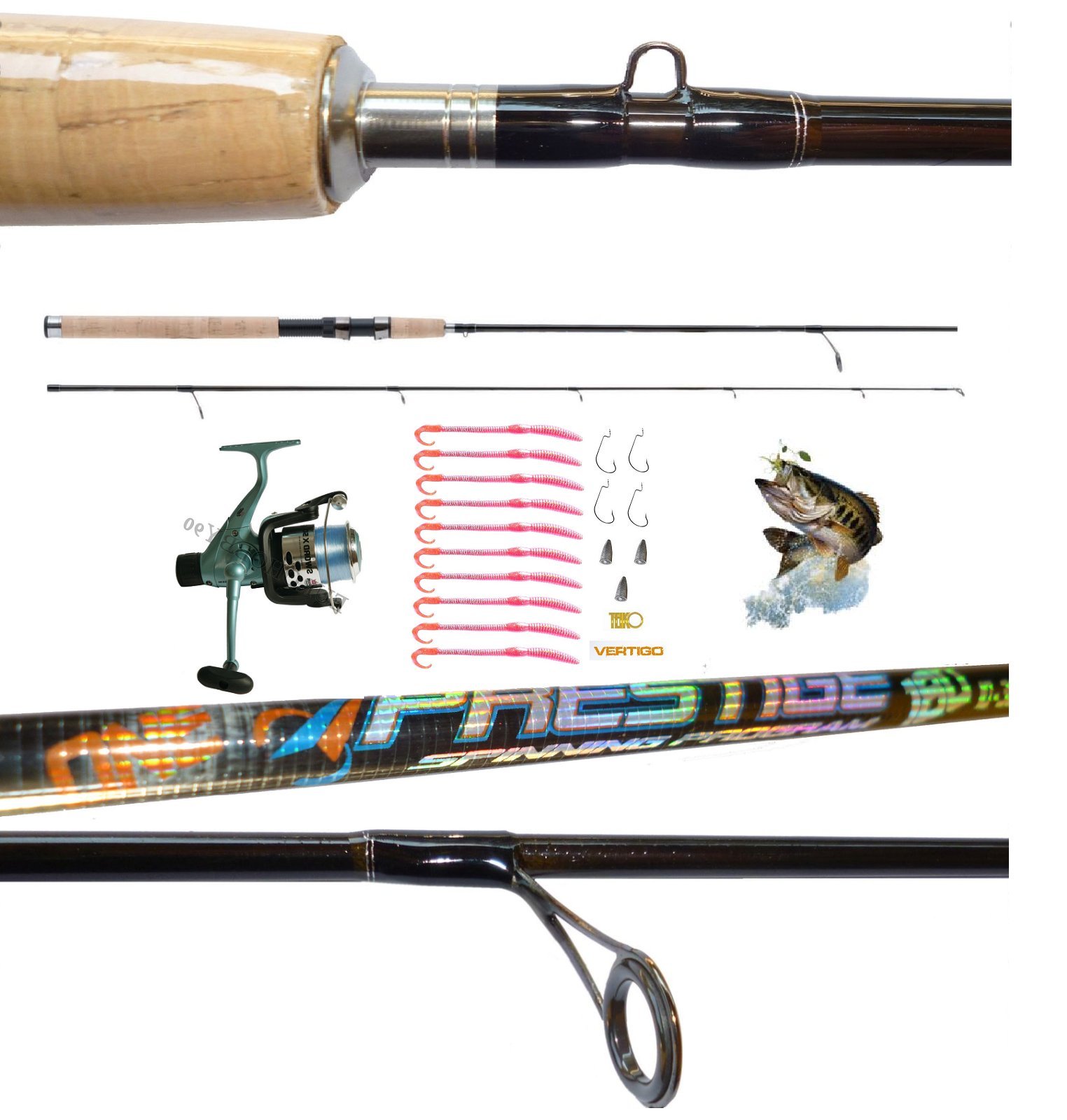 Kit Pesca Spinning Black Bass Canna Carbonio + Mulinello + Ami + Esche + Piombi