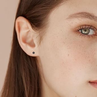 ZDE Women Earrings Threadless Flat Back Dot Earrings Titanium Hypoallergenic Cartilage Non-Nickel Black Push in Earring Studs for Sensitive Ears Simple Classic Earstuds