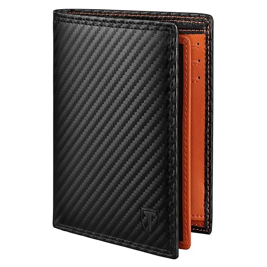 TEEHON Portefeuille Vertical pour Hommes en Cuir Carbone bloquant RFID avec 11 emplacements, 2 fenêtres d'identification, Porte-Monnaie, 2 Compartiments, à Trois Volets