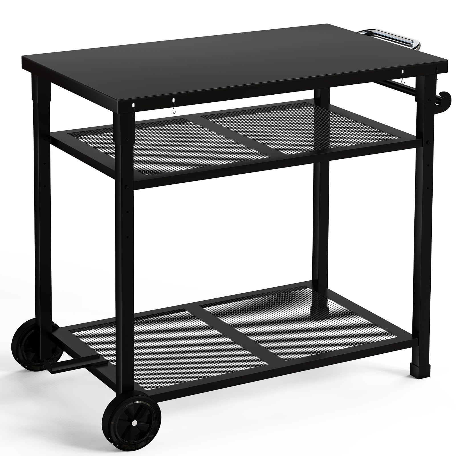 Carrito de barbacoa de metal, 3 niveles, carrito de cocina, con soporte para toallas de papel y ganchos, mesa auxiliar para exteriores (negro)