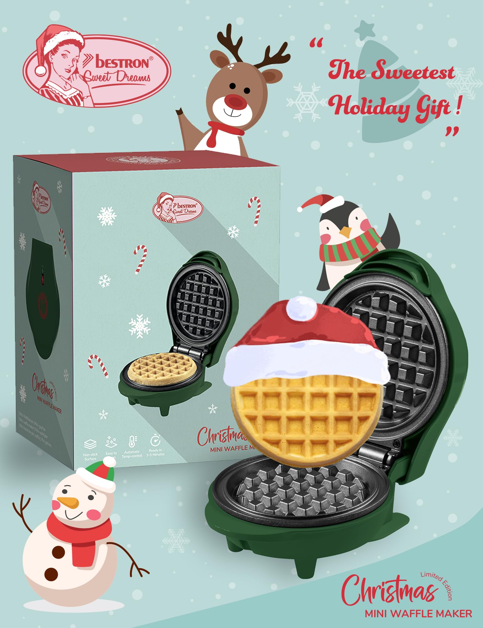 Bestron Mini Gofrera, Christmas Edition, Edición Limitada, Waffle Maker con revestimiento antiadherente, ideal para Navidad, fiestas o como regalo, tamaño del waffle: 10 cm, Color: verde mate